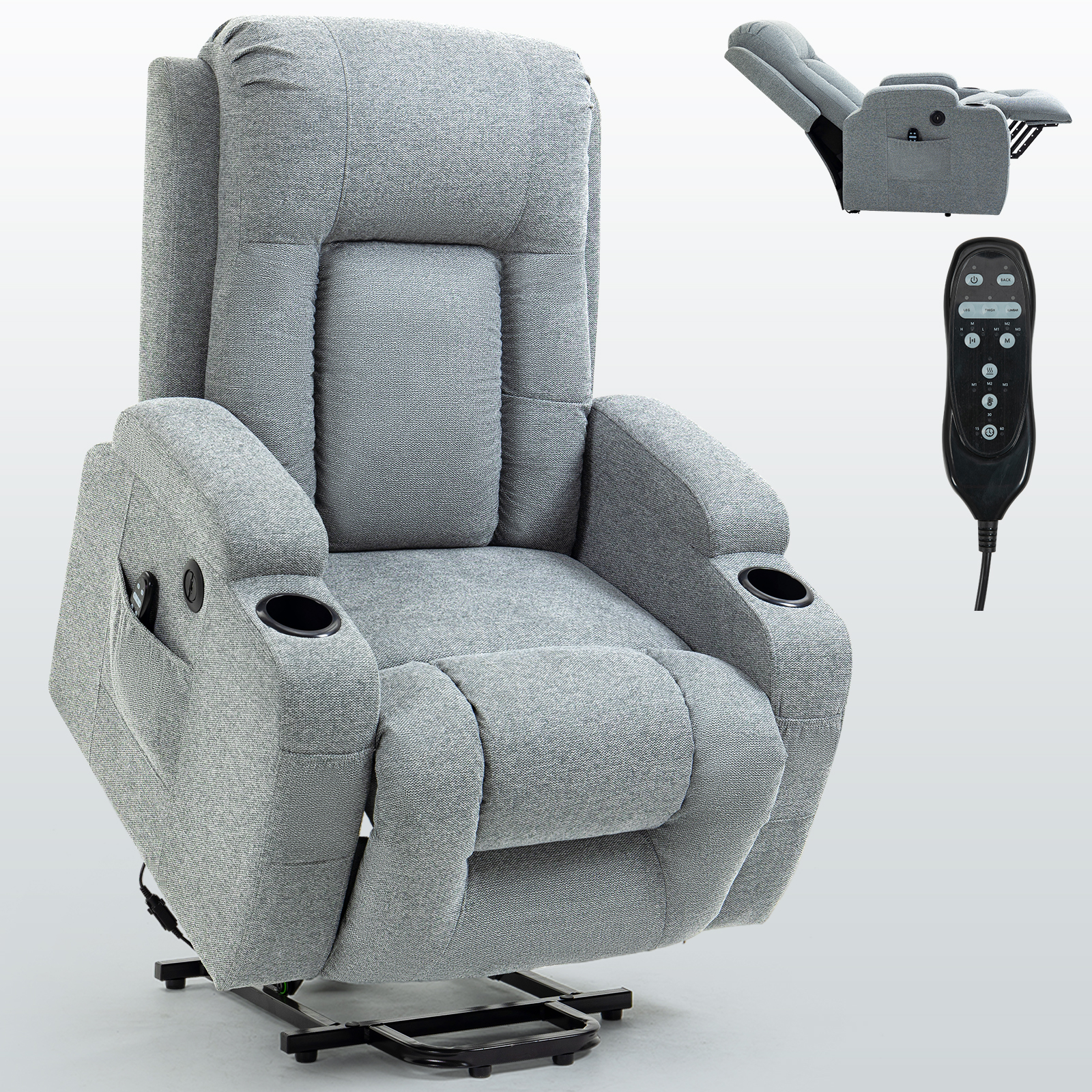 Infinite Position Single Motor Up to 350 LBS Power Lift Recliner Chair for Elderly, Heavy Duty Motion Mechanism with 8-Point Vibration Massage and Lumbar Heating, USB Charging Port, Cup Holders, Grey/Brown