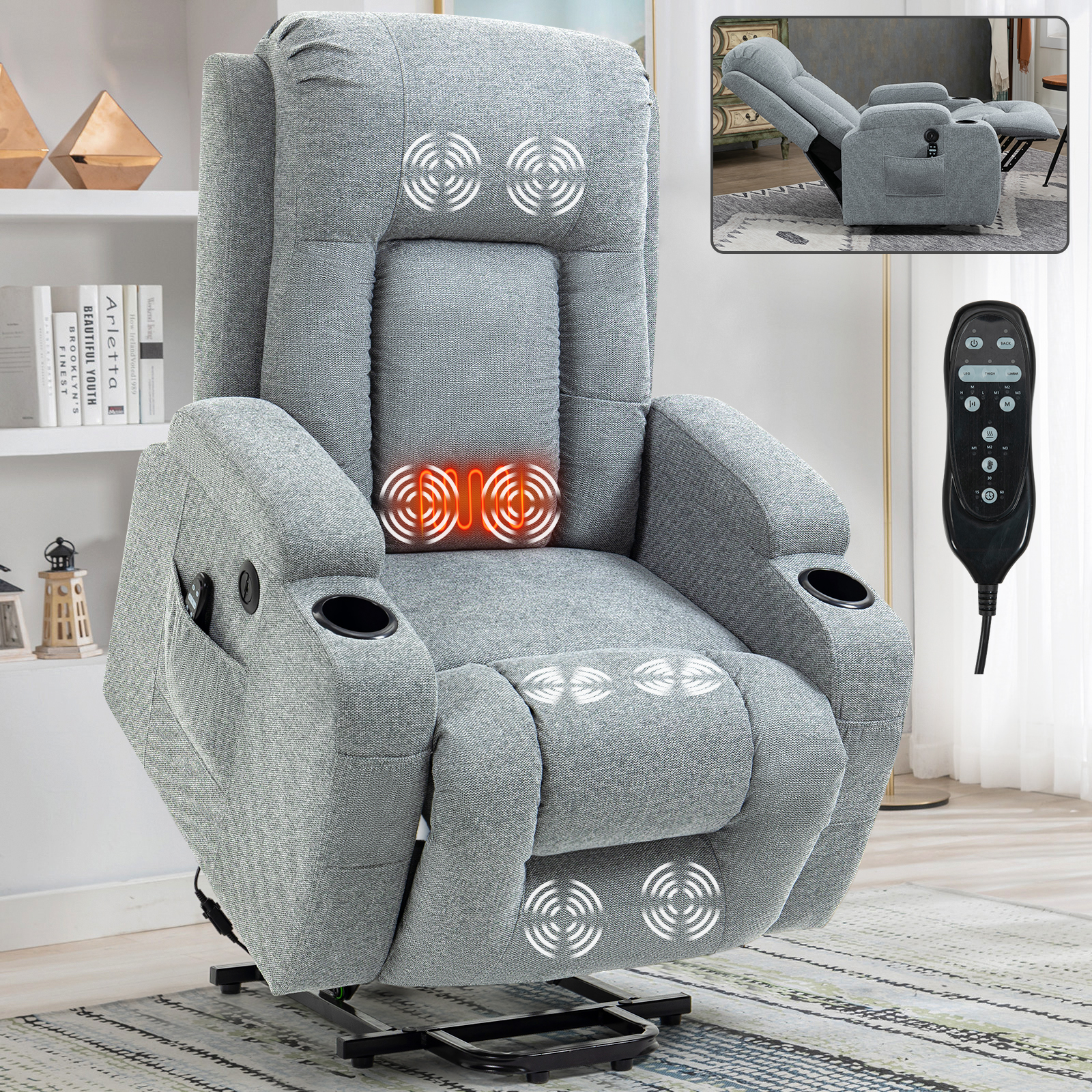 Infinite Position Single Motor Up to 350 LBS Power Lift Recliner Chair for Elderly, Heavy Duty Motion Mechanism with 8-Point Vibration Massage and Lumbar Heating, USB Charging Port, Cup Holders, Grey/Brown