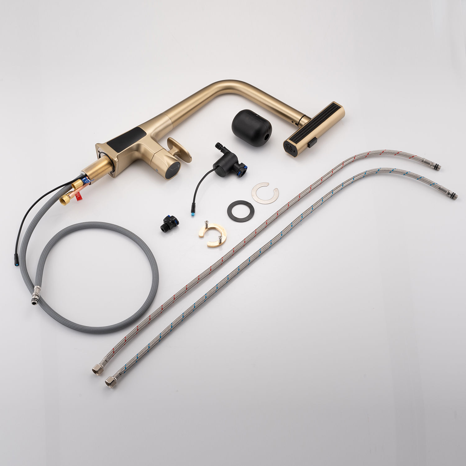 Matte Black/Brushed Gold Waterfall Kitchen Faucet with Temperature Display, Single Handle Kitchen Faucet with Pull Down Sprayer, Modern Kitchen Sink Faucet, Three Water Outlet Modes