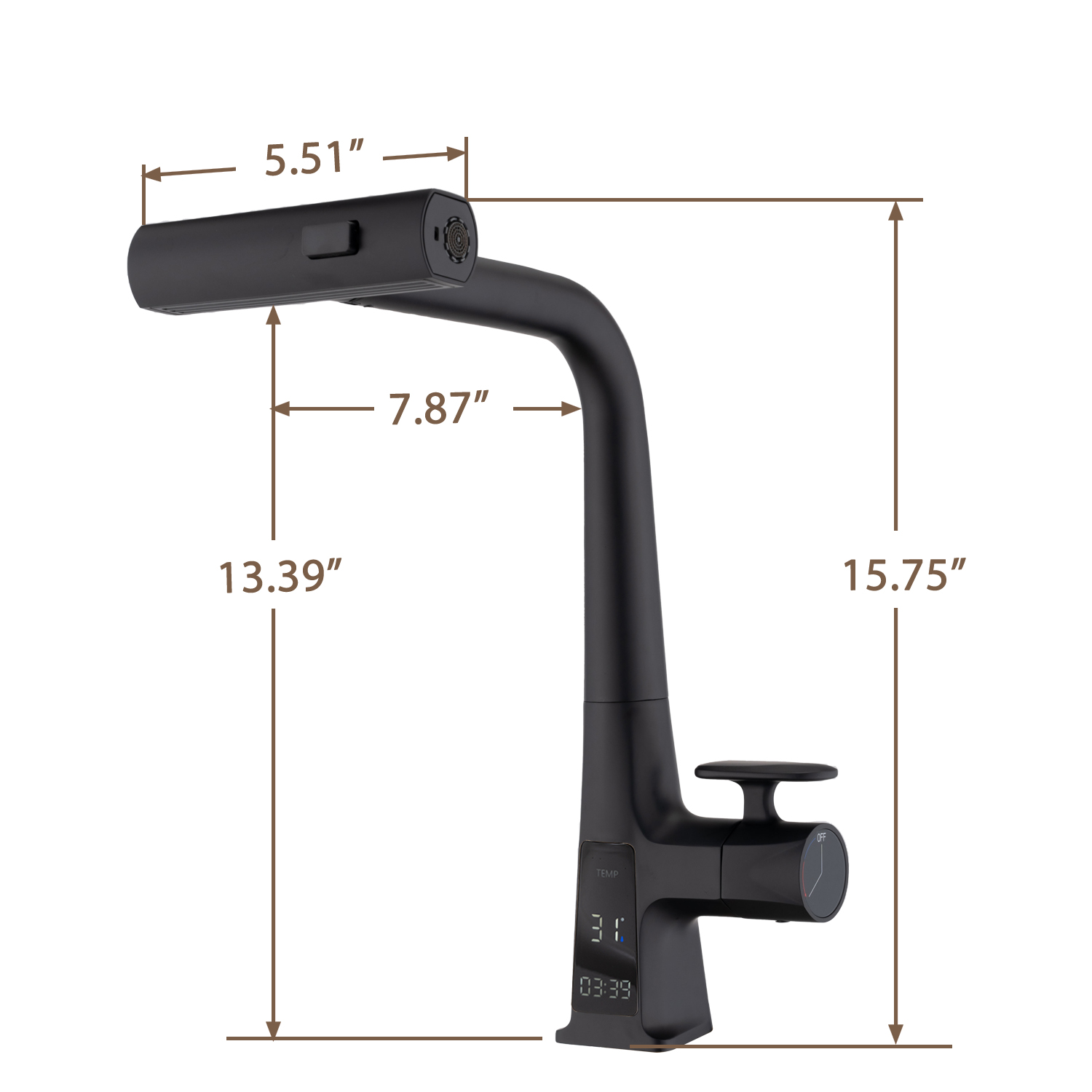 Matte Black/Brushed Gold Waterfall Kitchen Faucet with Temperature Display, Single Handle Kitchen Faucet with Pull Down Sprayer, Modern Kitchen Sink Faucet, Three Water Outlet Modes