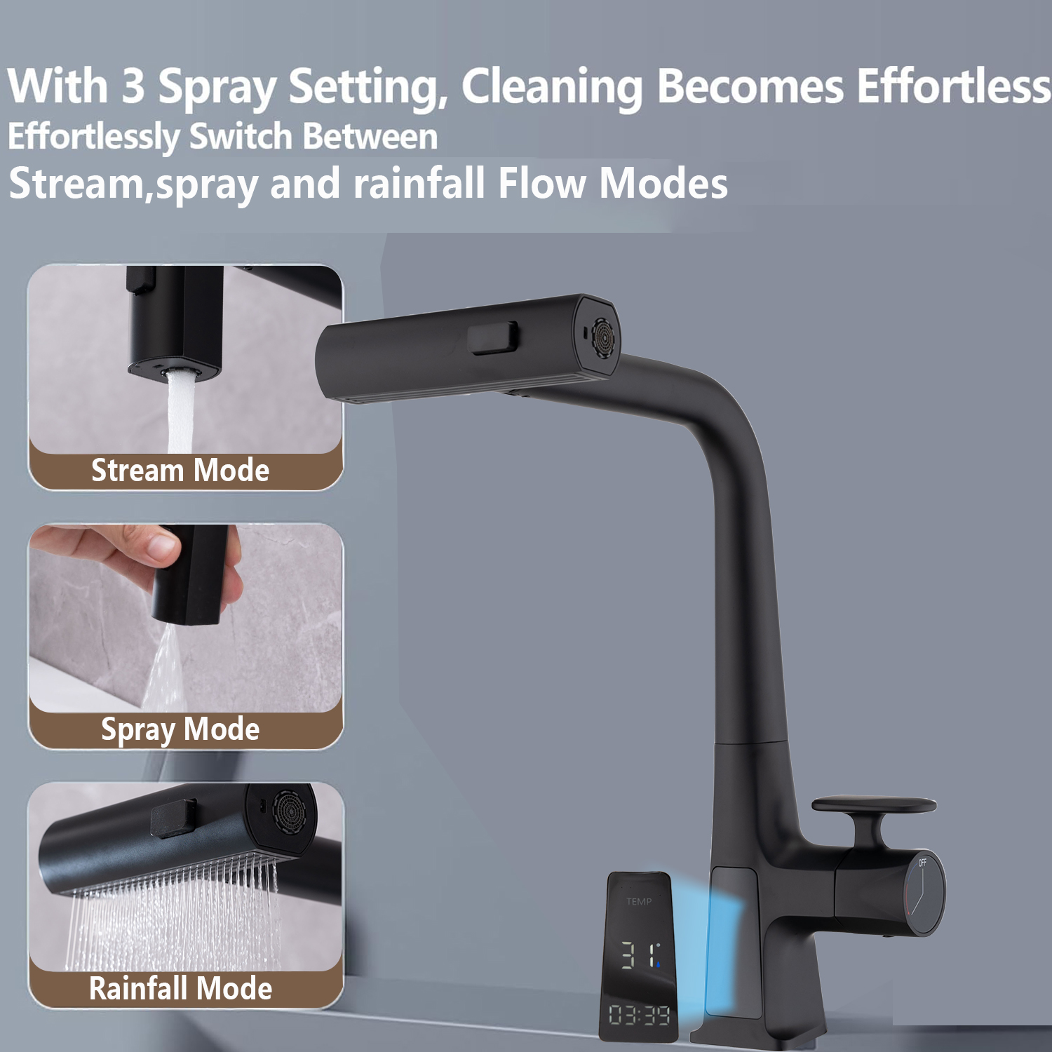 Matte Black/Brushed Gold Waterfall Kitchen Faucet with Temperature Display, Single Handle Kitchen Faucet with Pull Down Sprayer, Modern Kitchen Sink Faucet, Three Water Outlet Modes