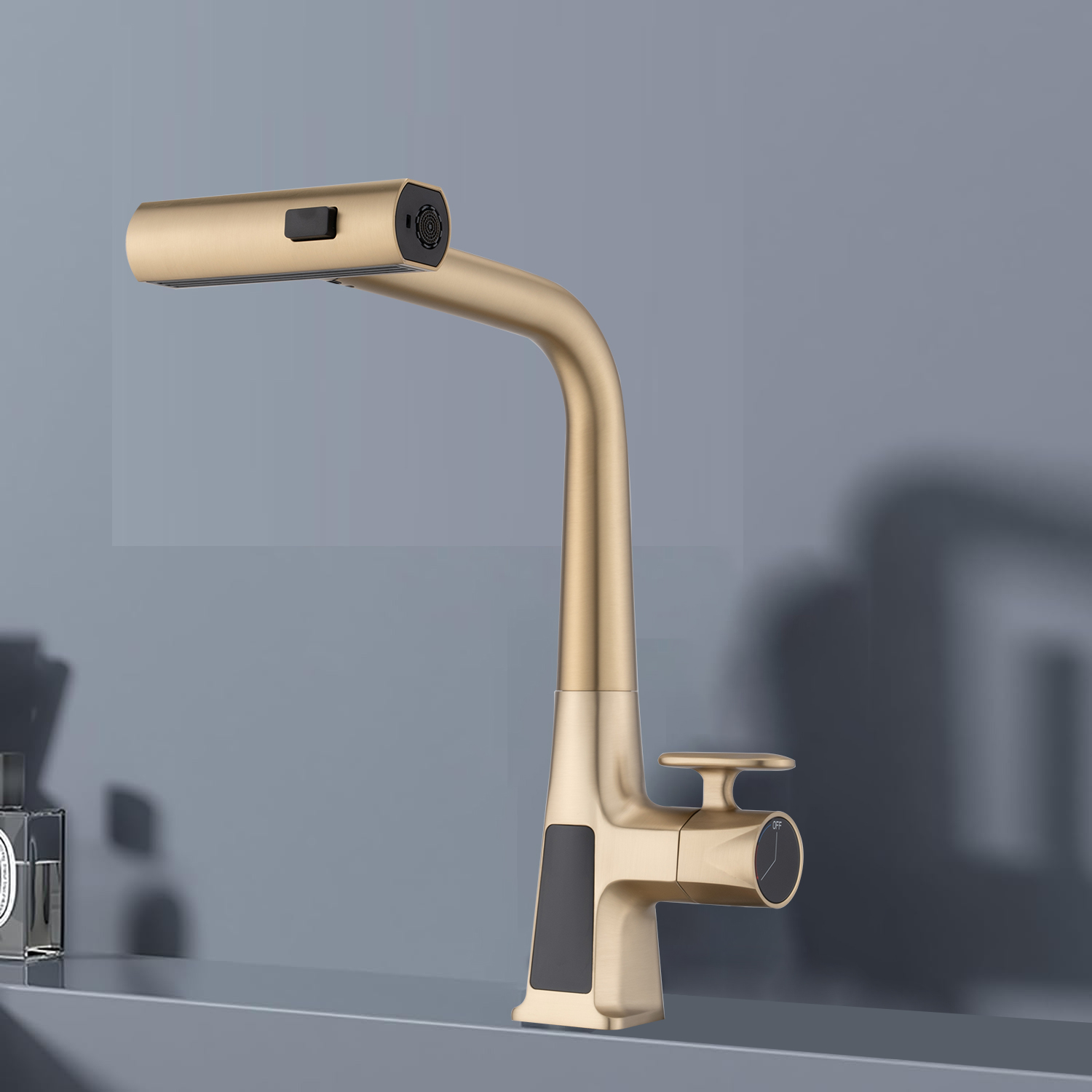 Matte Black/Brushed Gold Waterfall Kitchen Faucet with Temperature Display, Single Handle Kitchen Faucet with Pull Down Sprayer, Modern Kitchen Sink Faucet, Three Water Outlet Modes