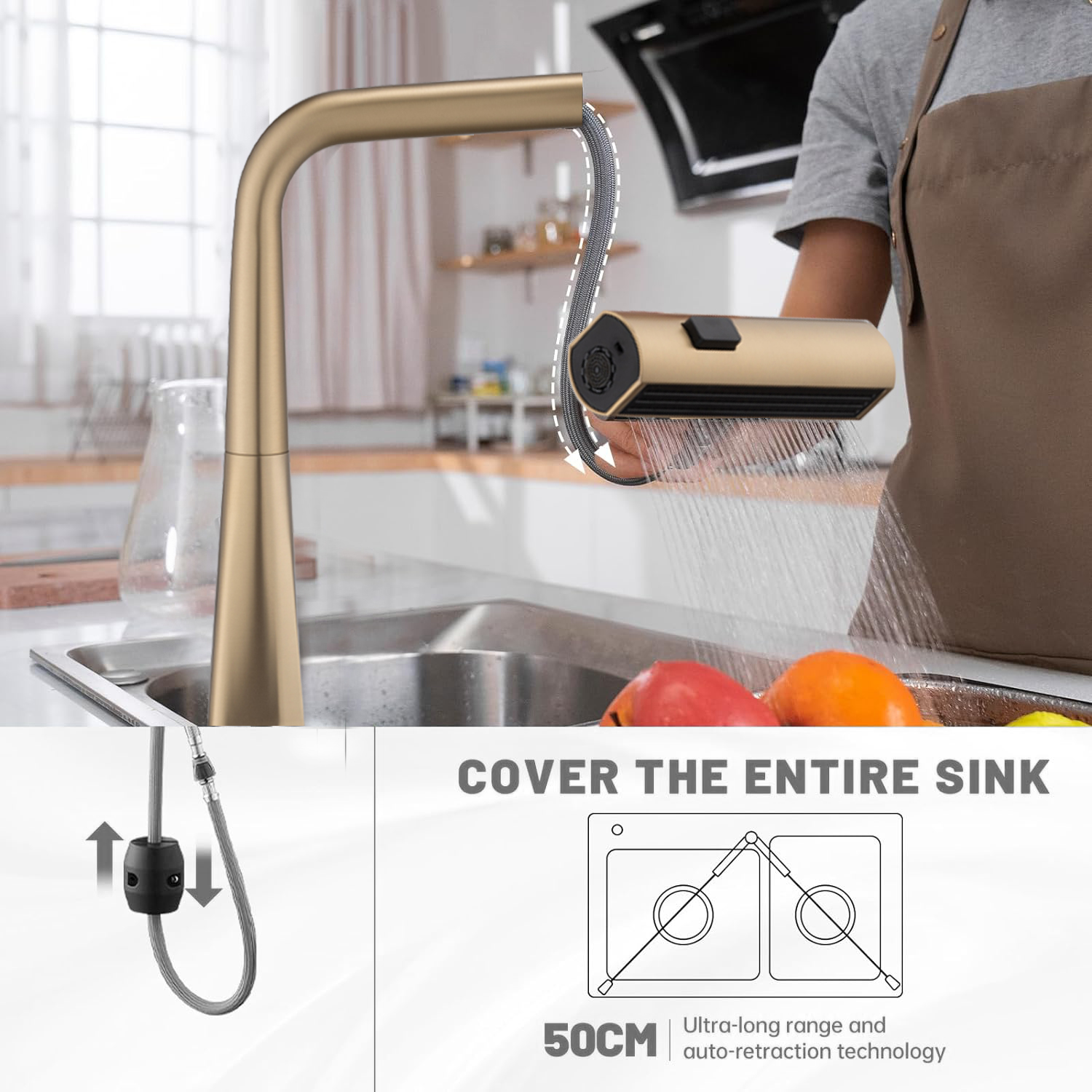 Matte Black/Brushed Gold Waterfall Kitchen Faucet with Temperature Display, Single Handle Kitchen Faucet with Pull Down Sprayer, Modern Kitchen Sink Faucet, Three Water Outlet Modes