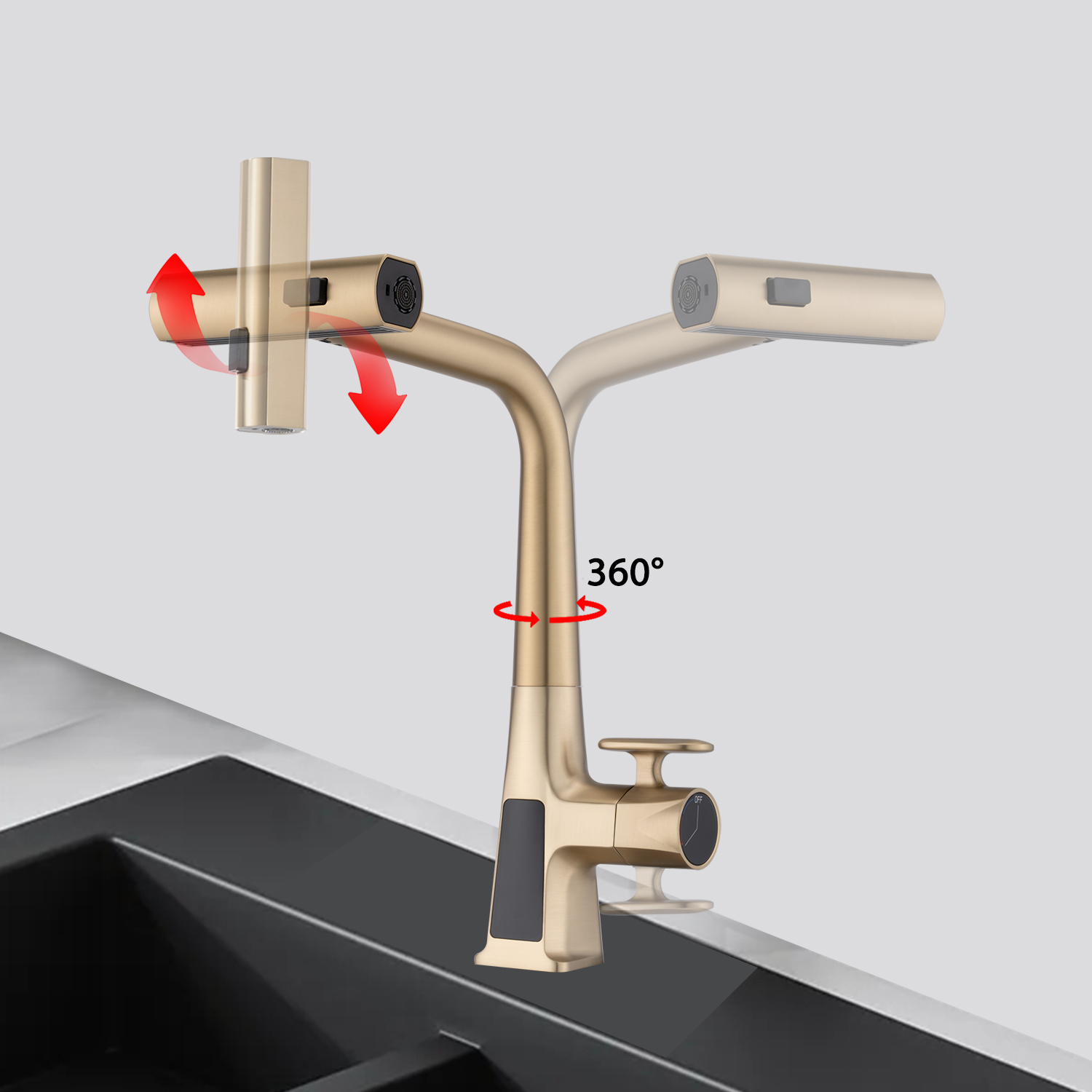 Matte Black/Brushed Gold Waterfall Kitchen Faucet with Temperature Display, Single Handle Kitchen Faucet with Pull Down Sprayer, Modern Kitchen Sink Faucet, Three Water Outlet Modes