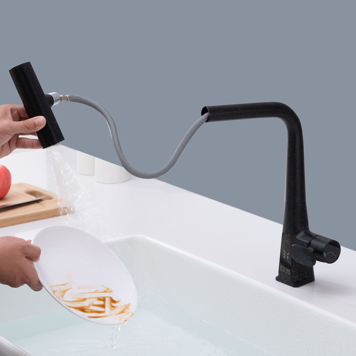 Matte Black/Brushed Gold Waterfall Kitchen Faucet with Temperature Display, Single Handle Kitchen Faucet with Pull Down Sprayer, Modern Kitchen Sink Faucet, Three Water Outlet Modes