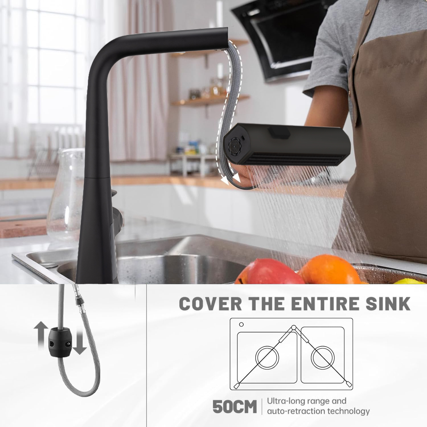 Matte Black/Brushed Gold Waterfall Kitchen Faucet with Temperature Display, Single Handle Kitchen Faucet with Pull Down Sprayer, Modern Kitchen Sink Faucet, Three Water Outlet Modes