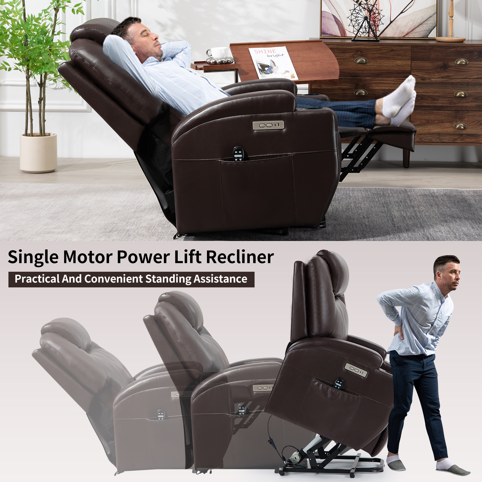 Up to 350lbs Okin Motor Power Lift Recliner Chair for Elderly, Heavy Duty Motion Mechanism with 8-Point Vibration Massage and Lumbar Heating, Two Cup Holders and USB Charge Port, Brown/Black 