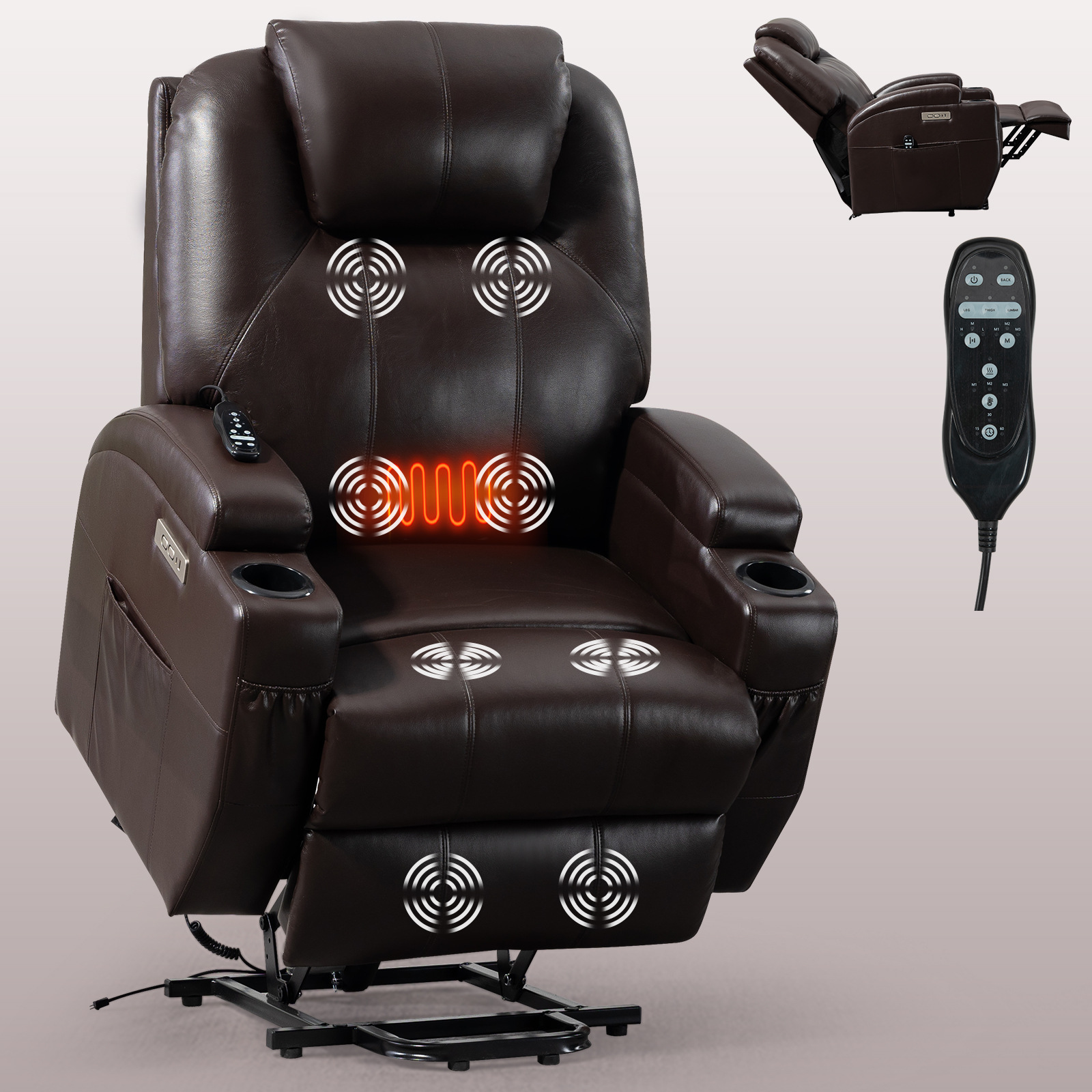 Up to 350lbs Okin Motor Power Lift Recliner Chair for Elderly, Heavy Duty Motion Mechanism with 8-Point Vibration Massage and Lumbar Heating, Two Cup Holders and USB Charge Port, Brown/Black 