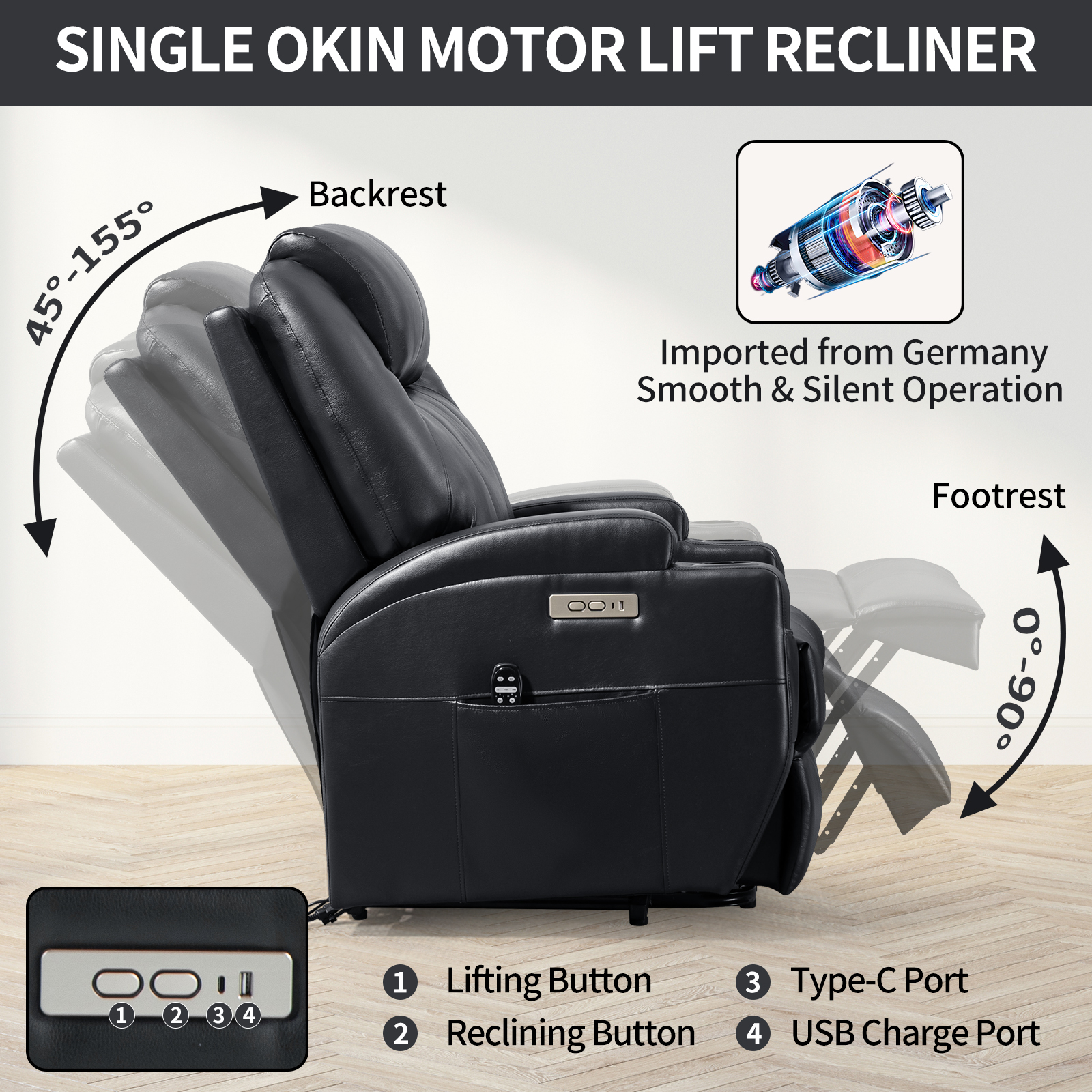 Up to 350lbs Okin Motor Power Lift Recliner Chair for Elderly, Heavy Duty Motion Mechanism with 8-Point Vibration Massage and Lumbar Heating, Two Cup Holders and USB Charge Port, Brown/Black 