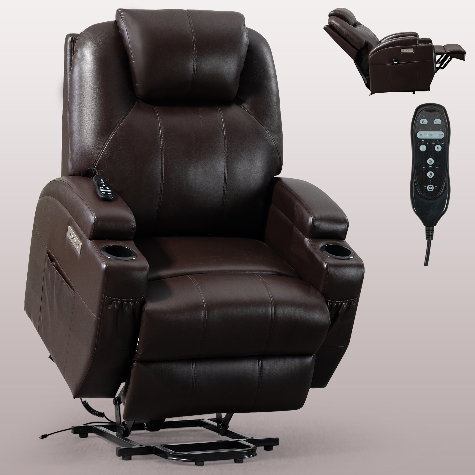 Up to 350lbs Okin Motor Power Lift Recliner Chair for Elderly, Heavy Duty Motion Mechanism with 8-Point Vibration Massage and Lumbar Heating, Two Cup Holders and USB Charge Port, Brown/Black 