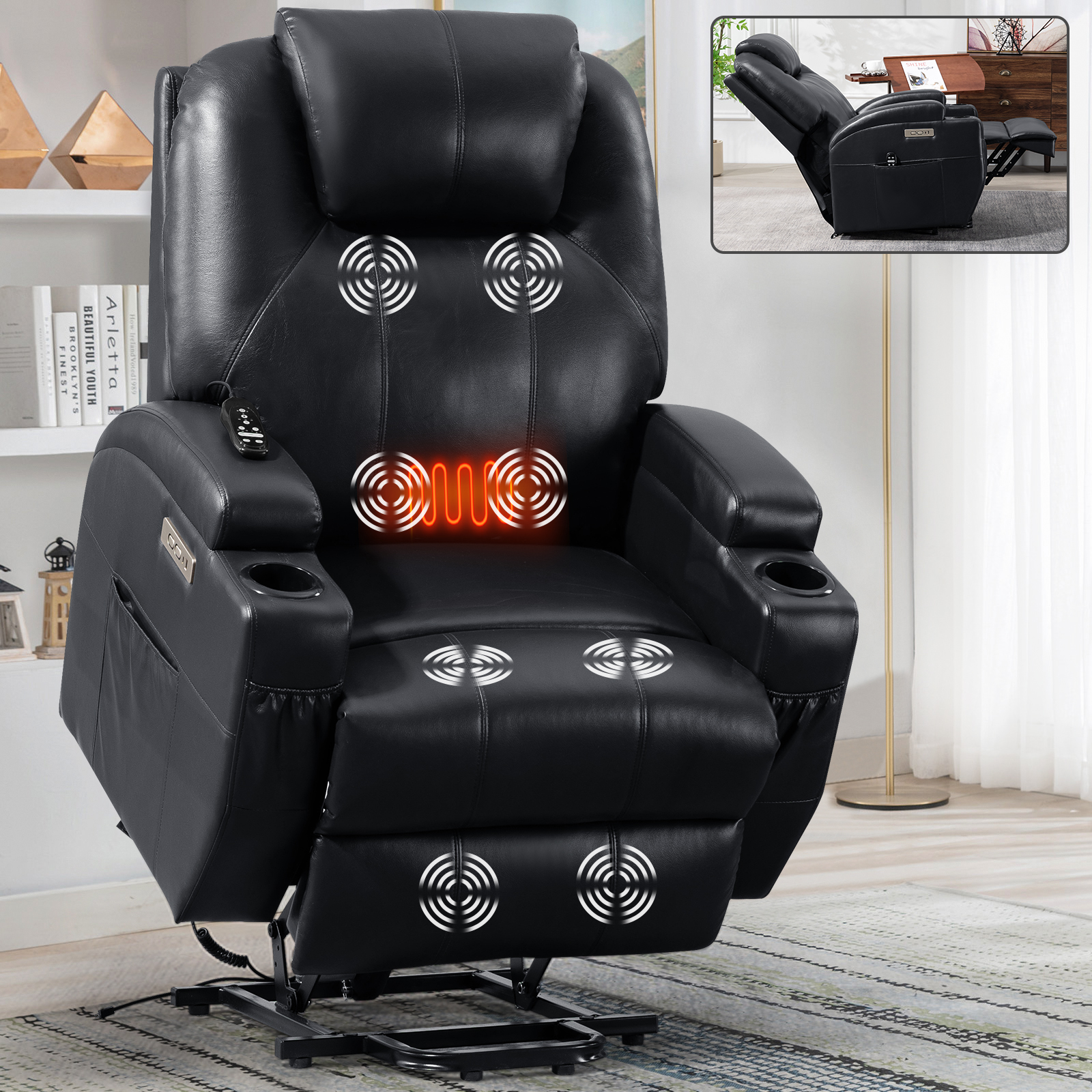Up to 350lbs Okin Motor Power Lift Recliner Chair for Elderly, Heavy Duty Motion Mechanism with 8-Point Vibration Massage and Lumbar Heating, Two Cup Holders and USB Charge Port, Brown/Black 