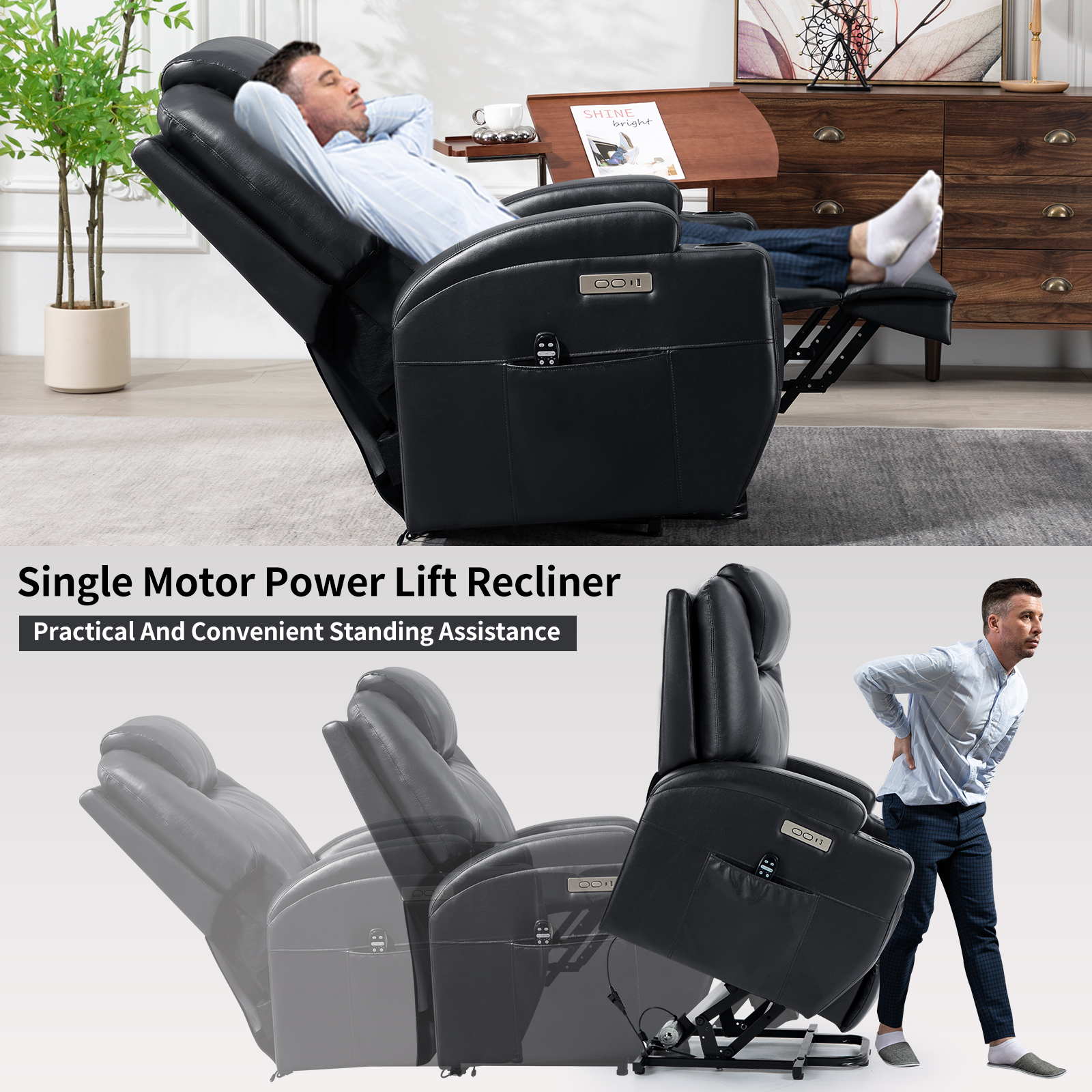 Up to 350lbs Okin Motor Power Lift Recliner Chair for Elderly, Heavy Duty Motion Mechanism with 8-Point Vibration Massage and Lumbar Heating, Two Cup Holders and USB Charge Port, Brown/Black 