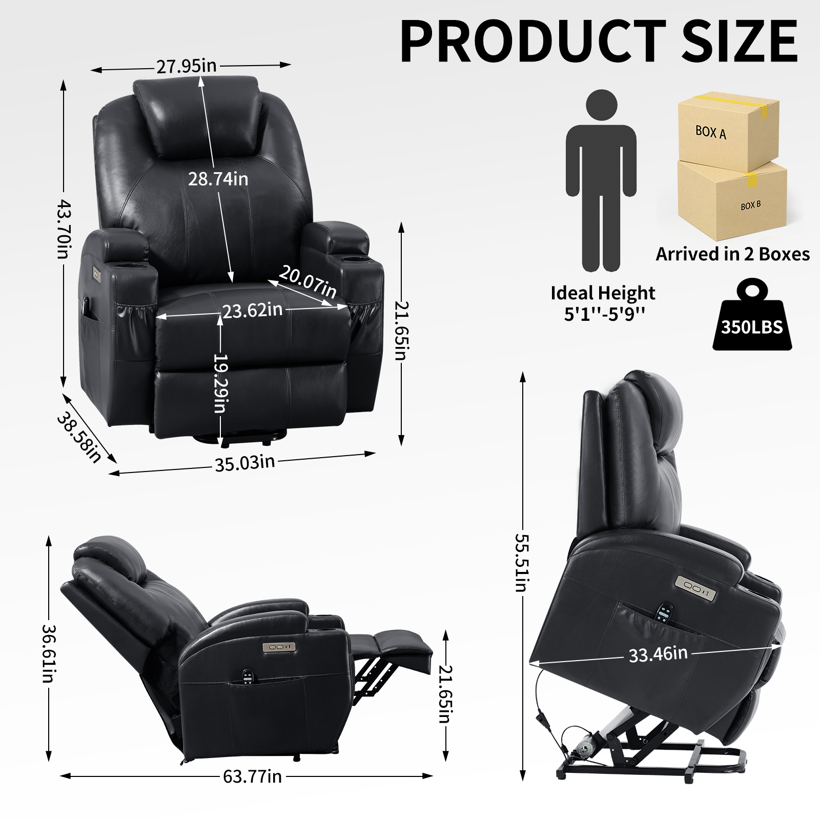 Up to 350lbs Okin Motor Power Lift Recliner Chair for Elderly, Heavy Duty Motion Mechanism with 8-Point Vibration Massage and Lumbar Heating, Two Cup Holders and USB Charge Port, Brown/Black 