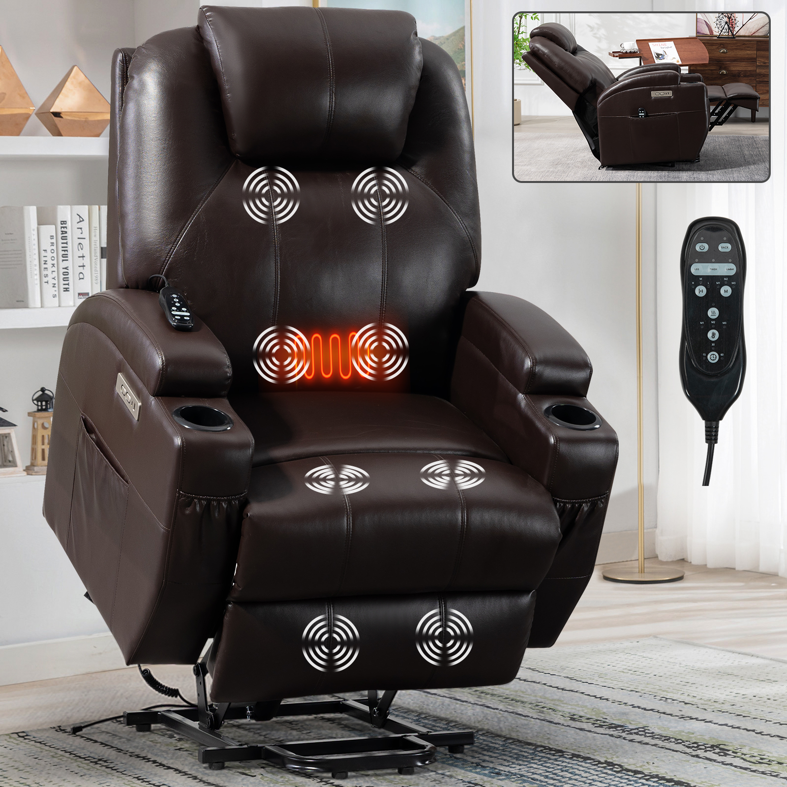 Up to 350lbs Okin Motor Power Lift Recliner Chair for Elderly, Heavy Duty Motion Mechanism with 8-Point Vibration Massage and Lumbar Heating, Two Cup Holders and USB Charge Port, Brown/Black 