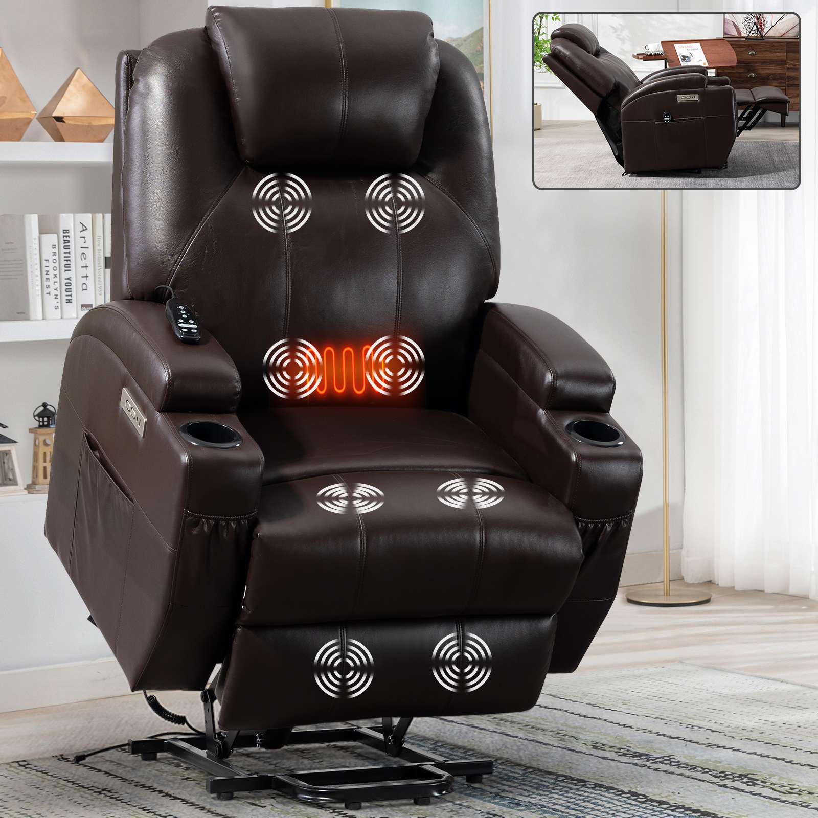 Up to 350lbs Okin Motor Power Lift Recliner Chair for Elderly, Heavy Duty Motion Mechanism with 8-Point Vibration Massage and Lumbar Heating, Two Cup Holders and USB Charge Port, Brown/Black 