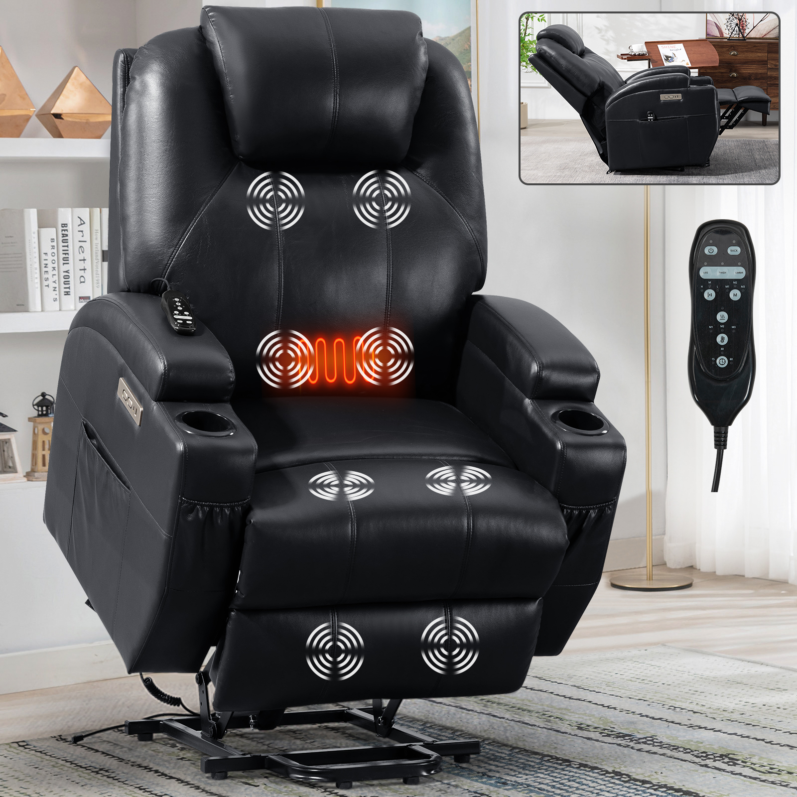 Up to 350lbs Okin Motor Power Lift Recliner Chair for Elderly, Heavy Duty Motion Mechanism with 8-Point Vibration Massage and Lumbar Heating, Two Cup Holders and USB Charge Port, Brown/Black 