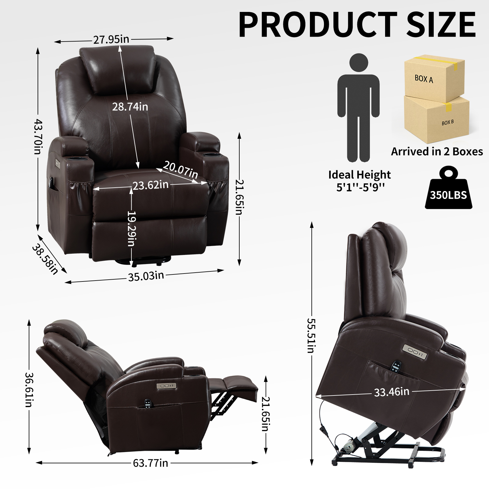 Up to 350lbs Okin Motor Power Lift Recliner Chair for Elderly, Heavy Duty Motion Mechanism with 8-Point Vibration Massage and Lumbar Heating, Two Cup Holders and USB Charge Port, Brown/Black 