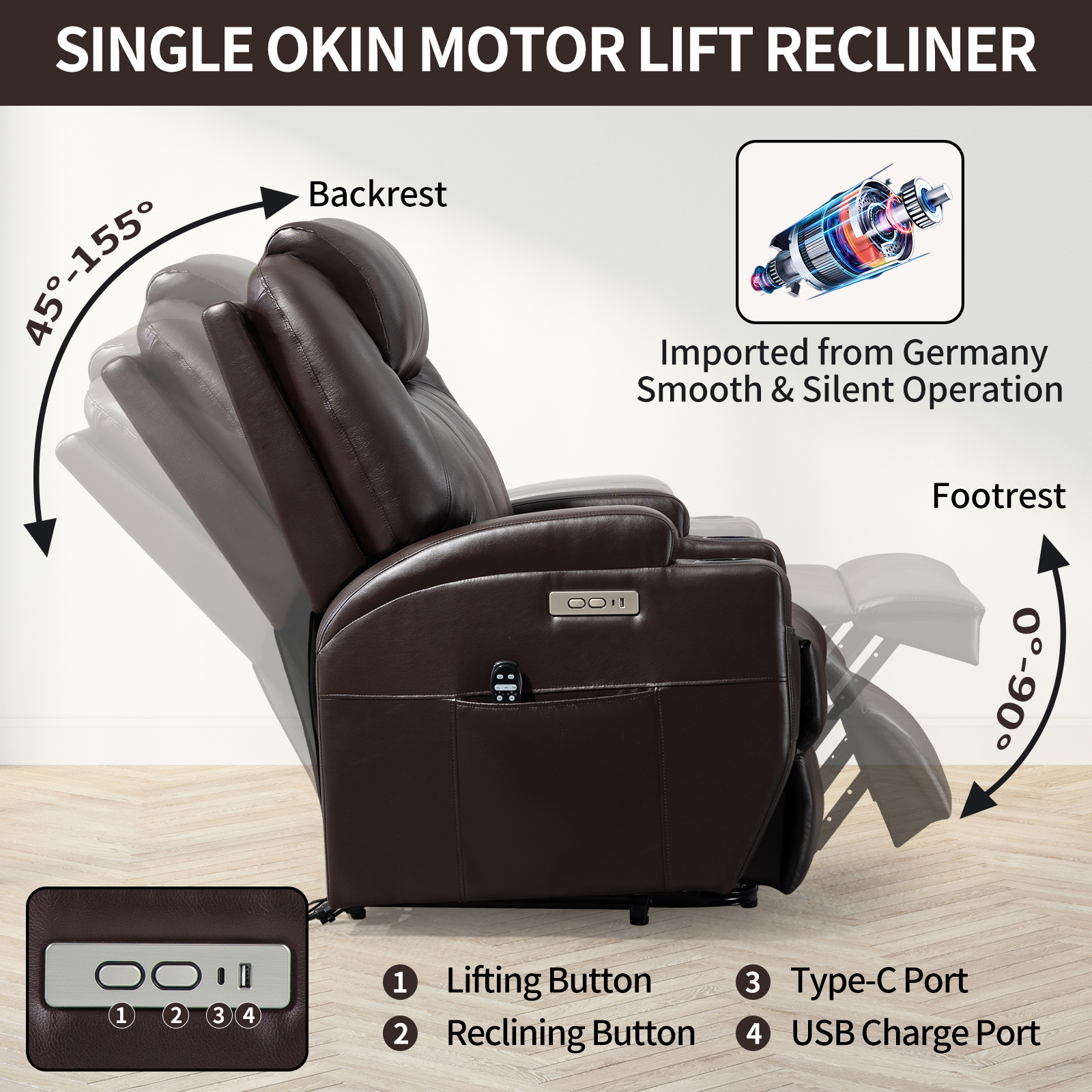 Up to 350lbs Okin Motor Power Lift Recliner Chair for Elderly, Heavy Duty Motion Mechanism with 8-Point Vibration Massage and Lumbar Heating, Two Cup Holders and USB Charge Port, Brown/Black 