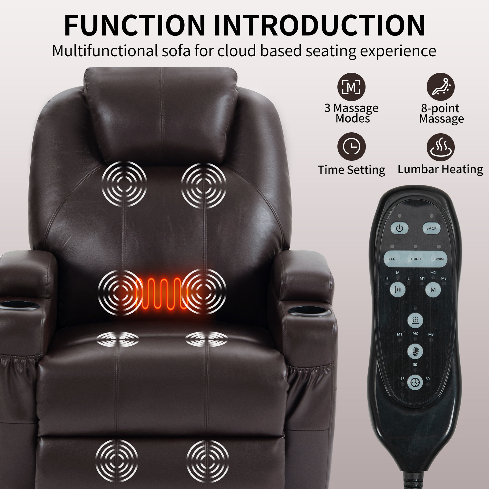 Up to 350lbs Okin Motor Power Lift Recliner Chair for Elderly, Heavy Duty Motion Mechanism with 8-Point Vibration Massage and Lumbar Heating, Two Cup Holders and USB Charge Port, Brown/Black 