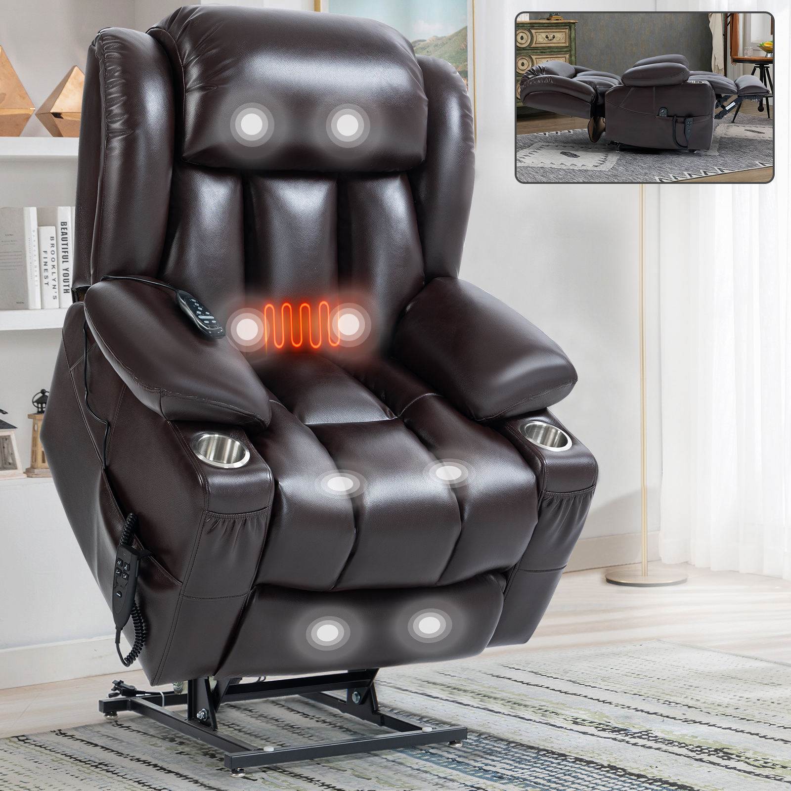 Dual Motor Infinite Position Up to 350 LBS Leatheraire Power Lift Recliner Chair, Heavy Duty Motion Mechanism with 8-Point Vibration Massage and Lumbar Heating, Stainless steel Cup Holders, Brown/Grey