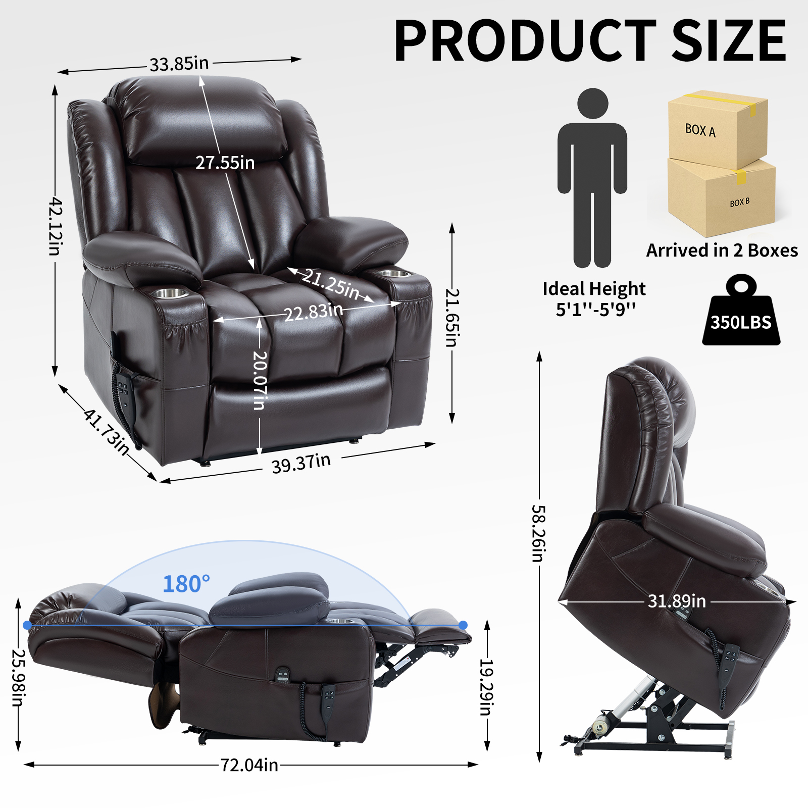 Dual Motor Infinite Position Up to 350 LBS Leatheraire Power Lift Recliner Chair, Heavy Duty Motion Mechanism with 8-Point Vibration Massage and Lumbar Heating, Stainless steel Cup Holders, Brown/Grey