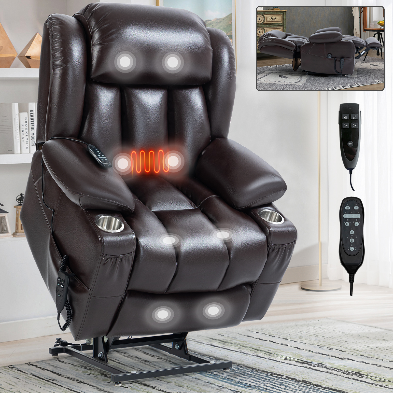 Dual Motor Infinite Position Up to 350 LBS Leatheraire Power Lift Recliner Chair, Heavy Duty Motion Mechanism with 8-Point Vibration Massage and Lumbar Heating, Stainless steel Cup Holders, Brown/Grey