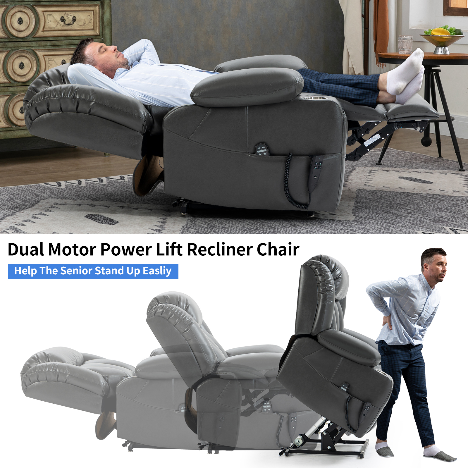 Dual Motor Infinite Position Up to 350 LBS Leatheraire Power Lift Recliner Chair, Heavy Duty Motion Mechanism with 8-Point Vibration Massage and Lumbar Heating, Stainless steel Cup Holders, Brown/Grey