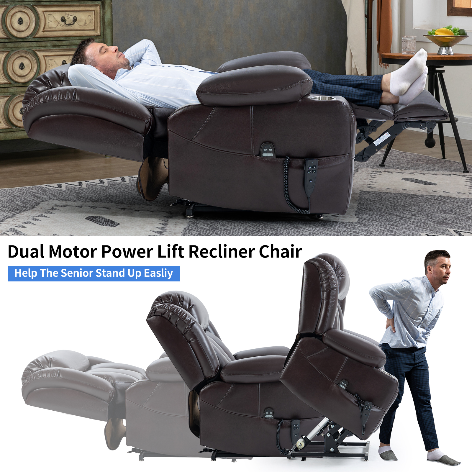 Dual Motor Infinite Position Up to 350 LBS Leatheraire Power Lift Recliner Chair, Heavy Duty Motion Mechanism with 8-Point Vibration Massage and Lumbar Heating, Stainless steel Cup Holders, Brown/Grey