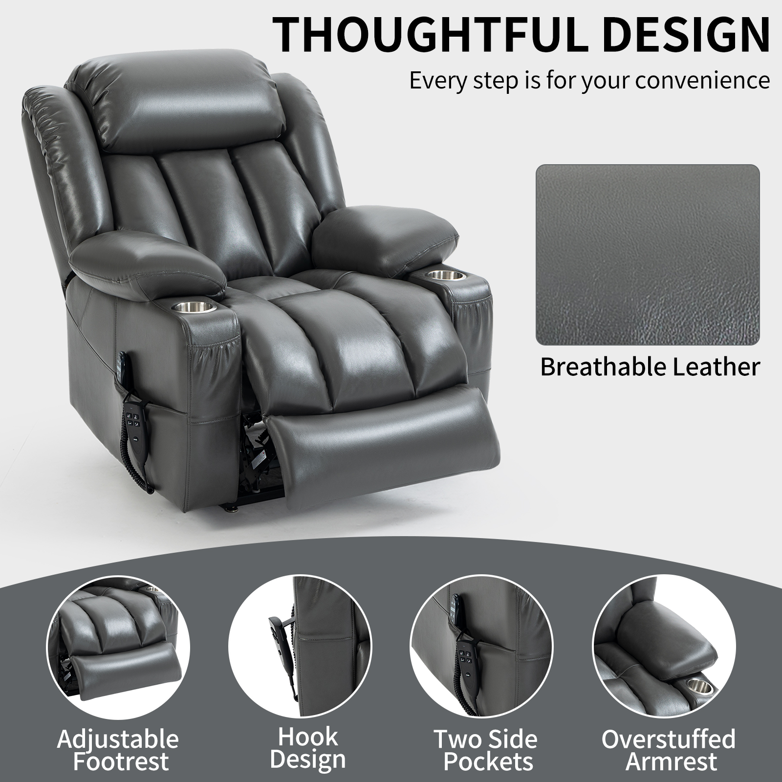 Dual Motor Infinite Position Up to 350 LBS Leatheraire Power Lift Recliner Chair, Heavy Duty Motion Mechanism with 8-Point Vibration Massage and Lumbar Heating, Stainless steel Cup Holders, Brown/Grey