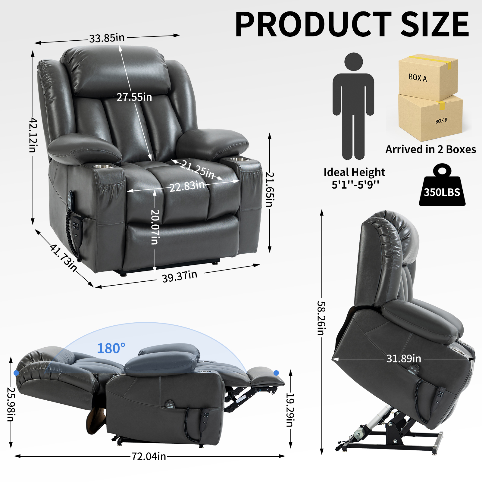 Dual Motor Infinite Position Up to 350 LBS Leatheraire Power Lift Recliner Chair, Heavy Duty Motion Mechanism with 8-Point Vibration Massage and Lumbar Heating, Stainless steel Cup Holders, Brown/Grey