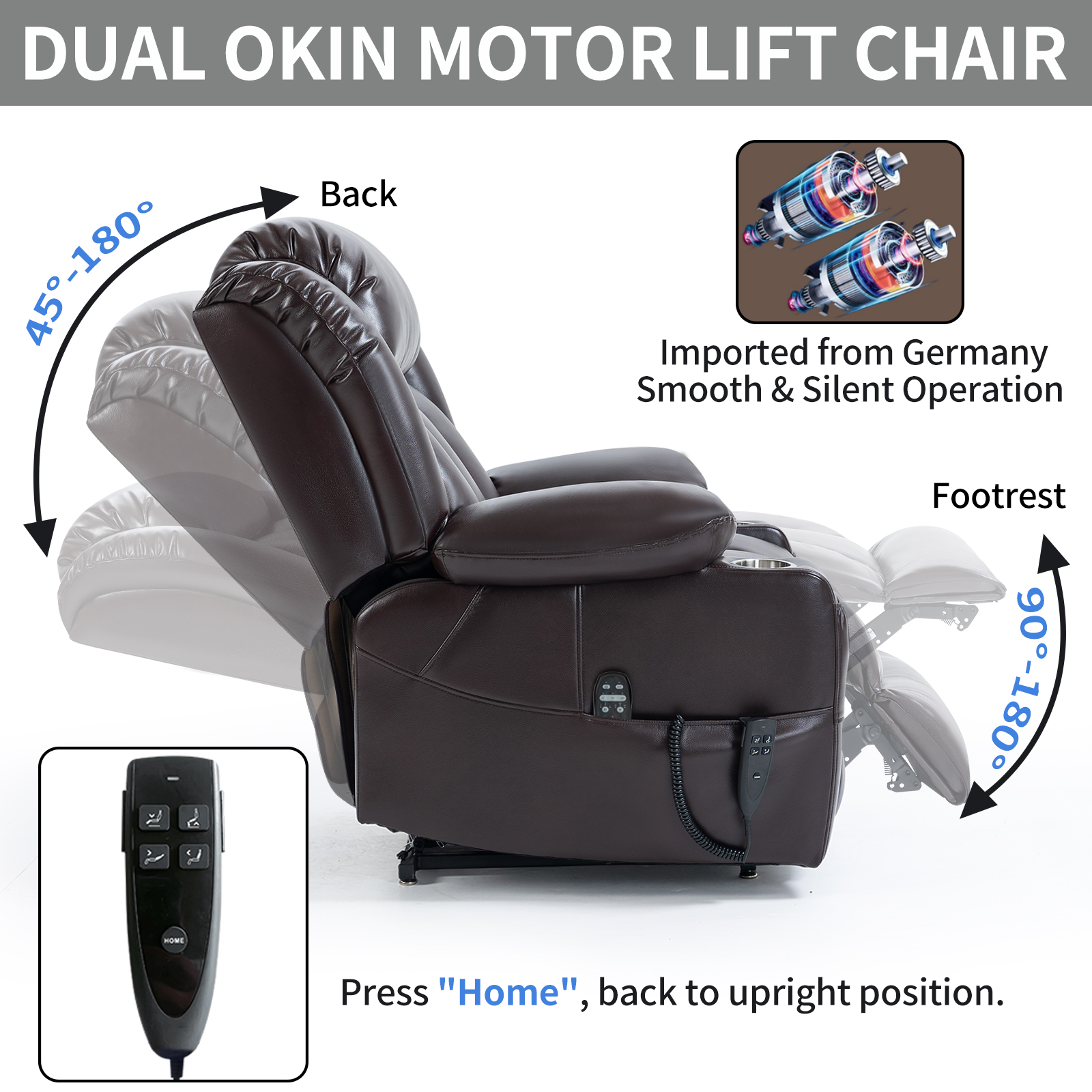 Dual Motor Infinite Position Up to 350 LBS Leatheraire Power Lift Recliner Chair, Heavy Duty Motion Mechanism with 8-Point Vibration Massage and Lumbar Heating, Stainless steel Cup Holders, Brown/Grey
