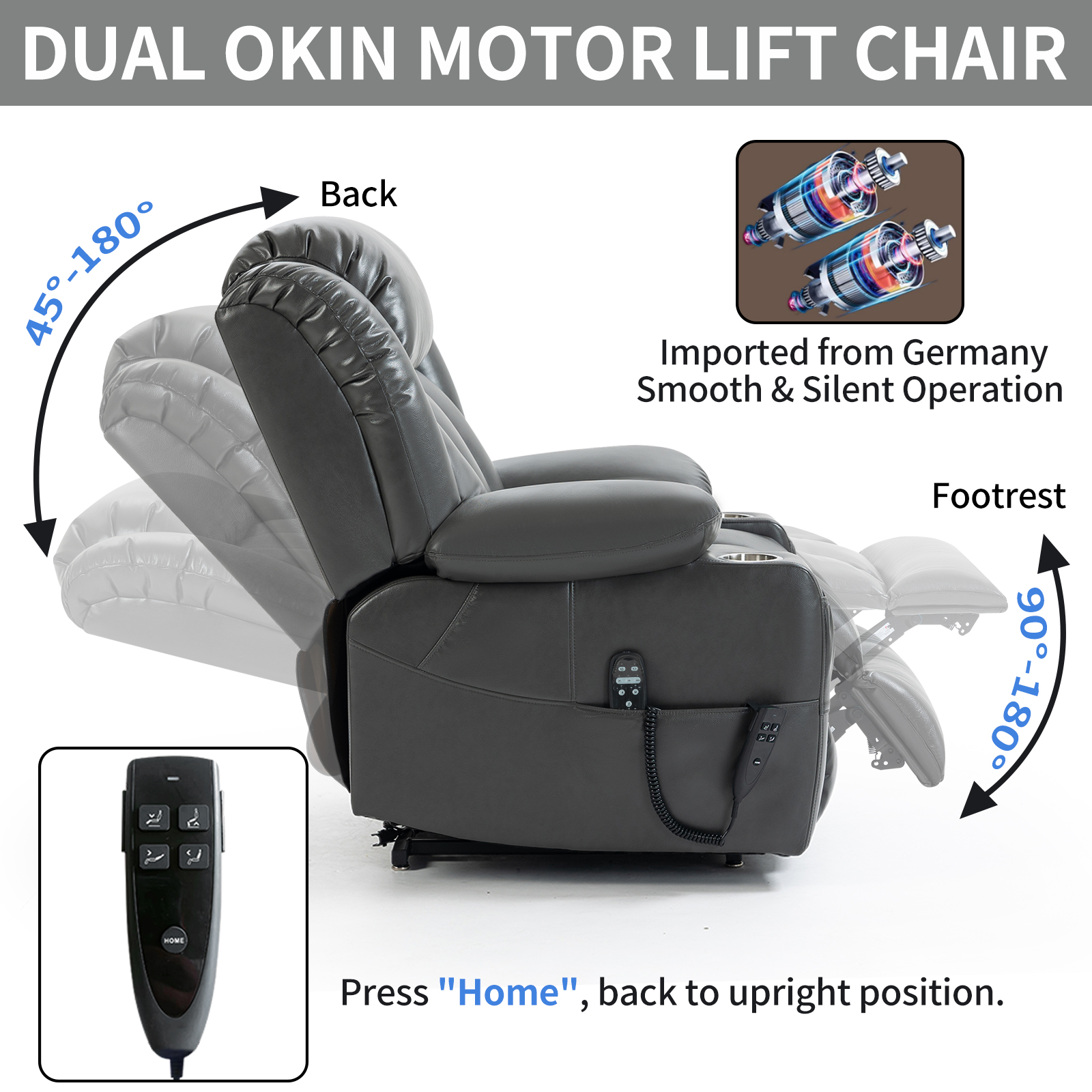 Dual Motor Infinite Position Up to 350 LBS Leatheraire Power Lift Recliner Chair, Heavy Duty Motion Mechanism with 8-Point Vibration Massage and Lumbar Heating, Stainless steel Cup Holders, Brown/Grey