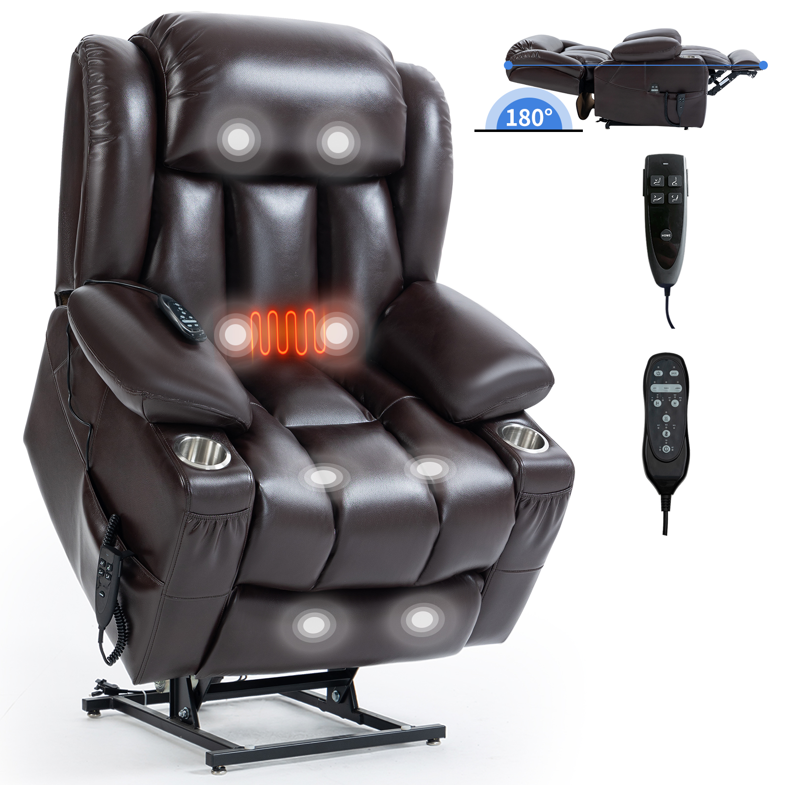 Dual Motor Infinite Position Up to 350 LBS Leatheraire Power Lift Recliner Chair, Heavy Duty Motion Mechanism with 8-Point Vibration Massage and Lumbar Heating, Stainless steel Cup Holders, Brown/Grey