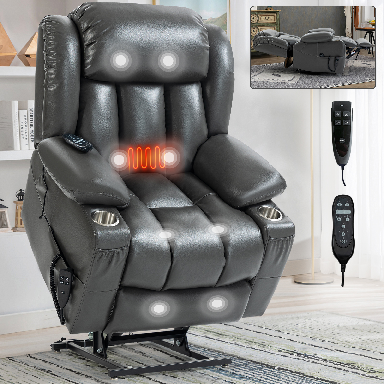 Dual Motor Infinite Position Up to 350 LBS Leatheraire Power Lift Recliner Chair, Heavy Duty Motion Mechanism with 8-Point Vibration Massage and Lumbar Heating, Stainless steel Cup Holders, Brown/Grey