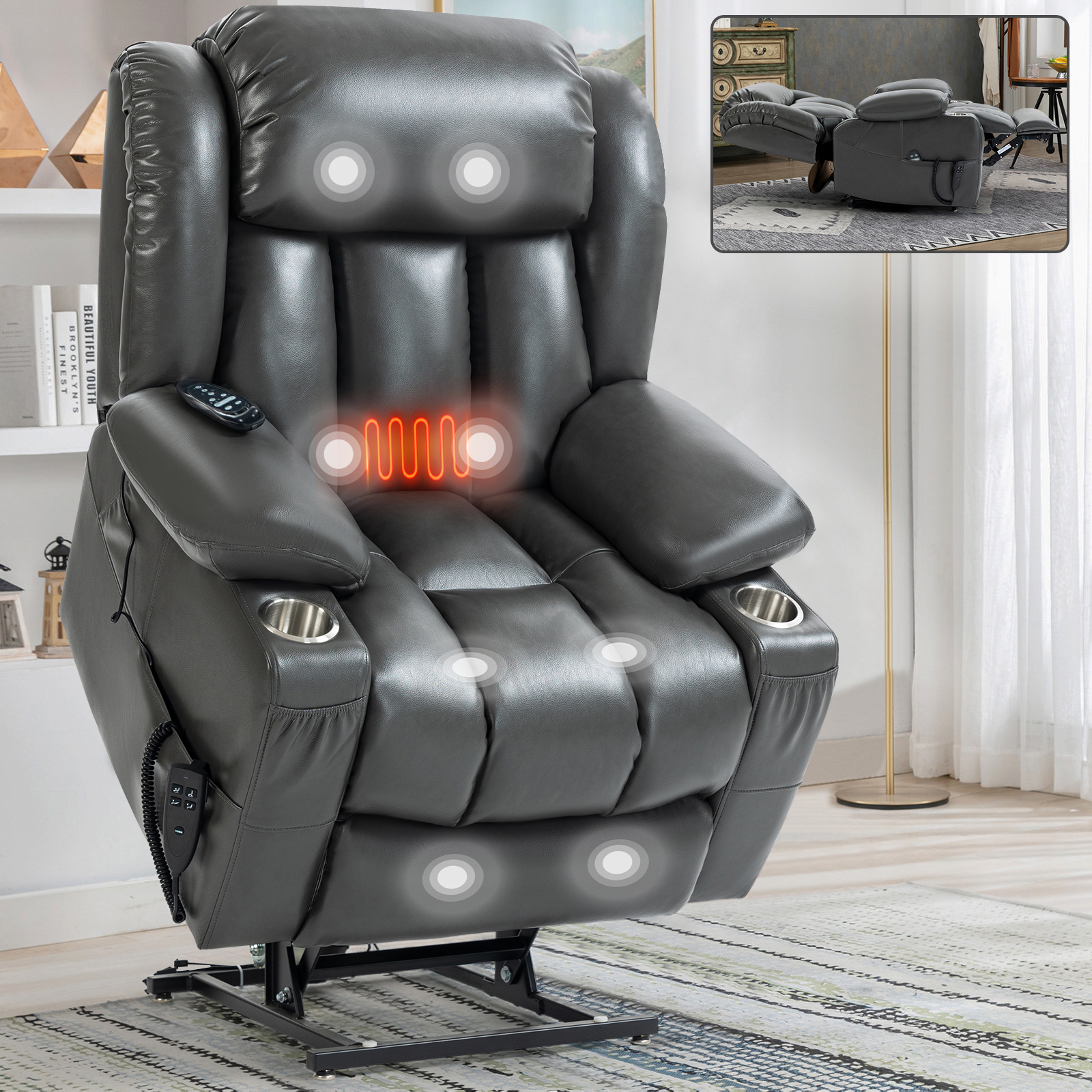 Dual Motor Infinite Position Up to 350 LBS Leatheraire Power Lift Recliner Chair, Heavy Duty Motion Mechanism with 8-Point Vibration Massage and Lumbar Heating, Stainless steel Cup Holders, Brown/Grey
