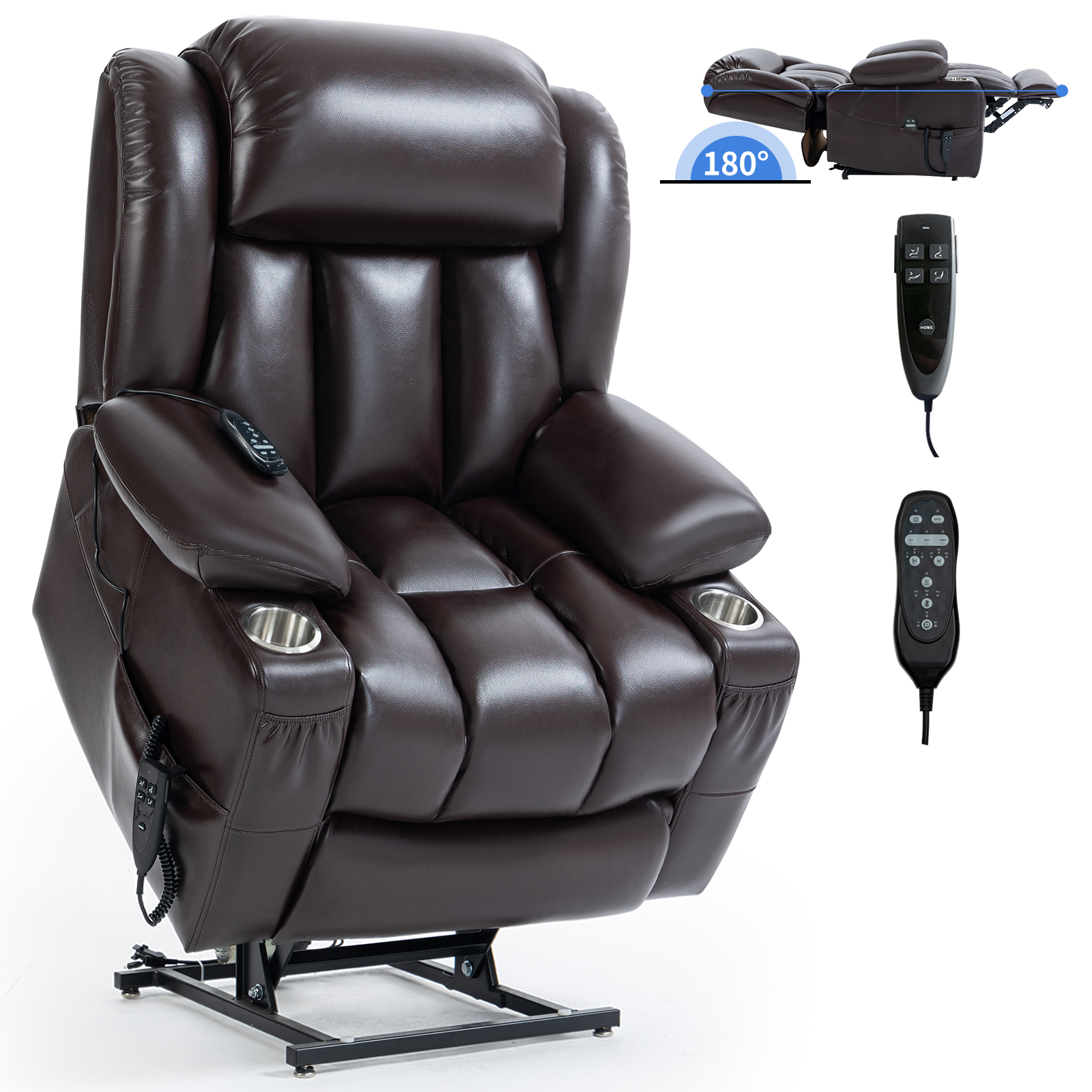 Dual Motor Infinite Position Up to 350 LBS Leatheraire Power Lift Recliner Chair, Heavy Duty Motion Mechanism with 8-Point Vibration Massage and Lumbar Heating, Stainless steel Cup Holders, Brown/Grey