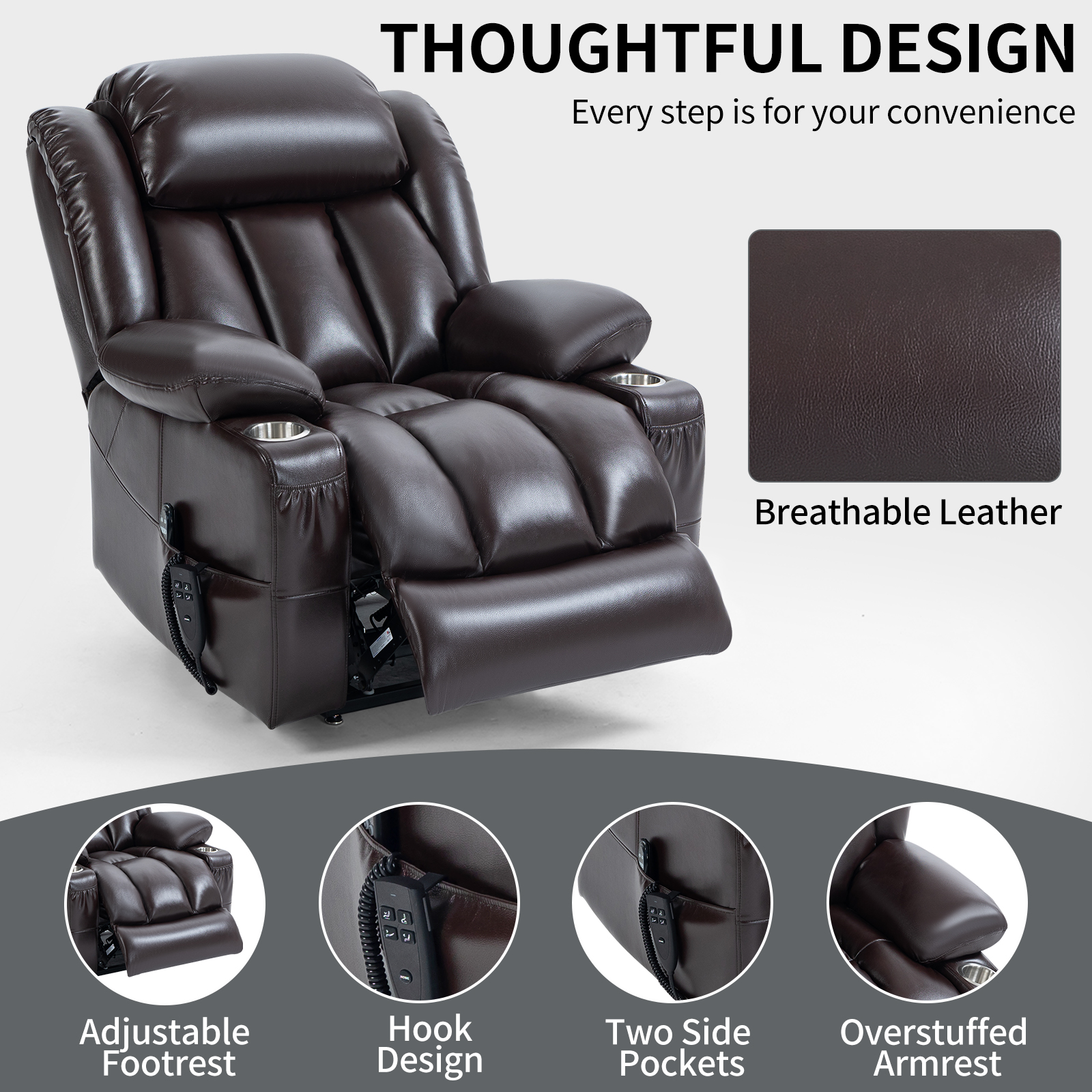 Dual Motor Infinite Position Up to 350 LBS Leatheraire Power Lift Recliner Chair, Heavy Duty Motion Mechanism with 8-Point Vibration Massage and Lumbar Heating, Stainless steel Cup Holders, Brown/Grey