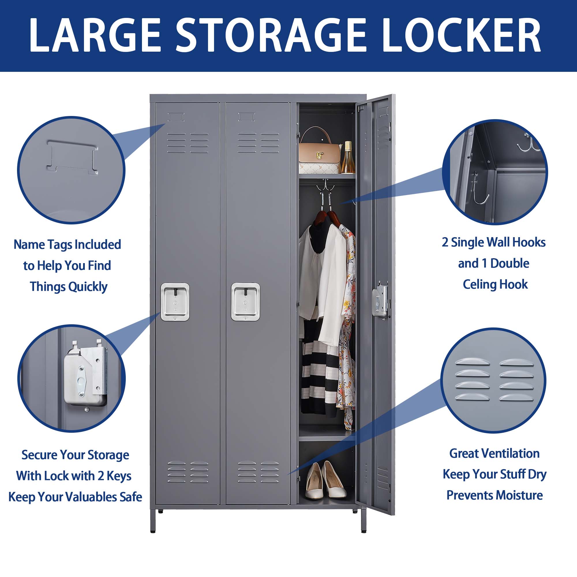 3/6 Door 72"H Metal Lockers With Lock for Employees,Storage Locker Cabinet for Home Gym Office School Garage,Gray