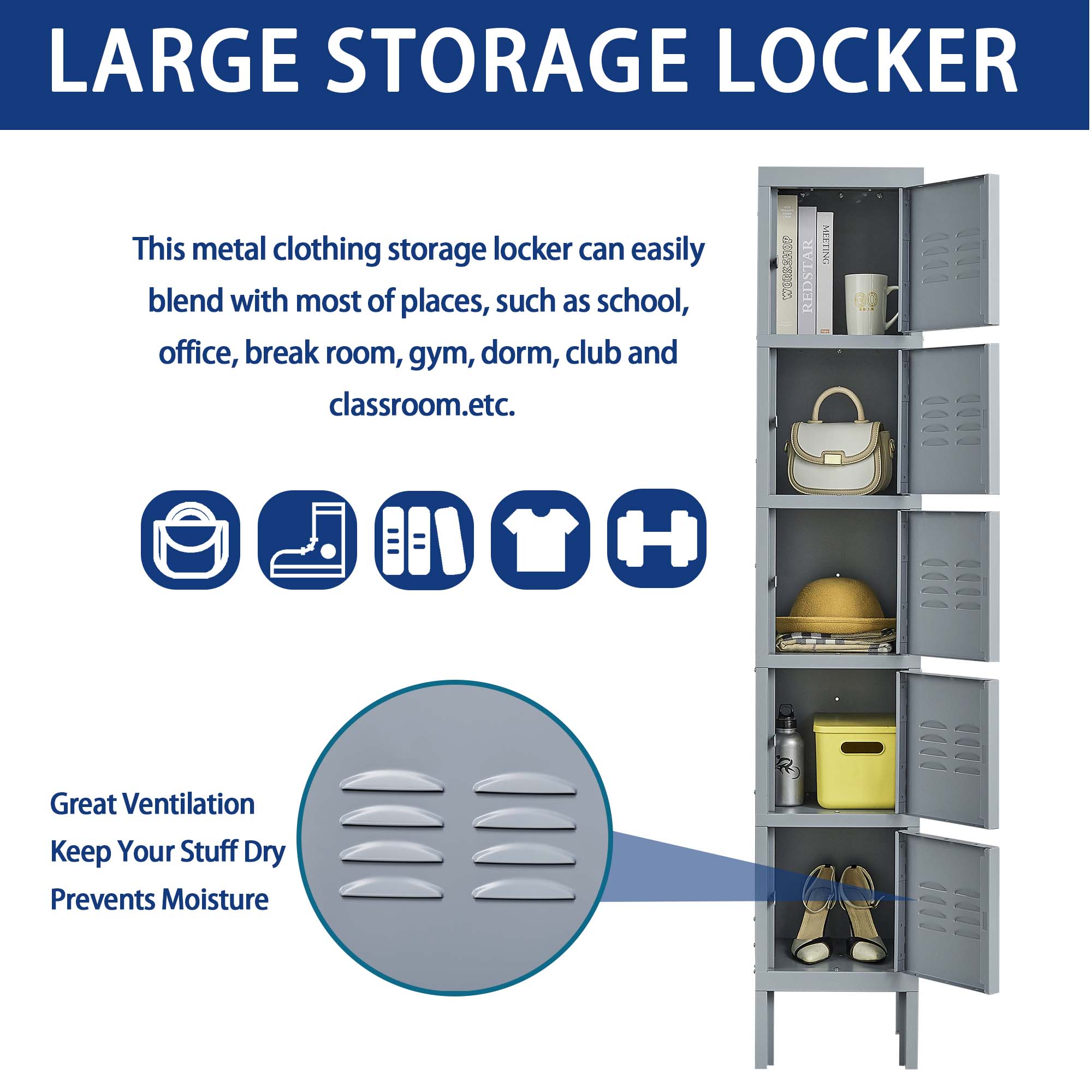 1/2/3/4/5 Door 66"H Metal Lockers With Lock for Employees,Storage Locker Cabinet for Home Gym Office School Garage,Gray