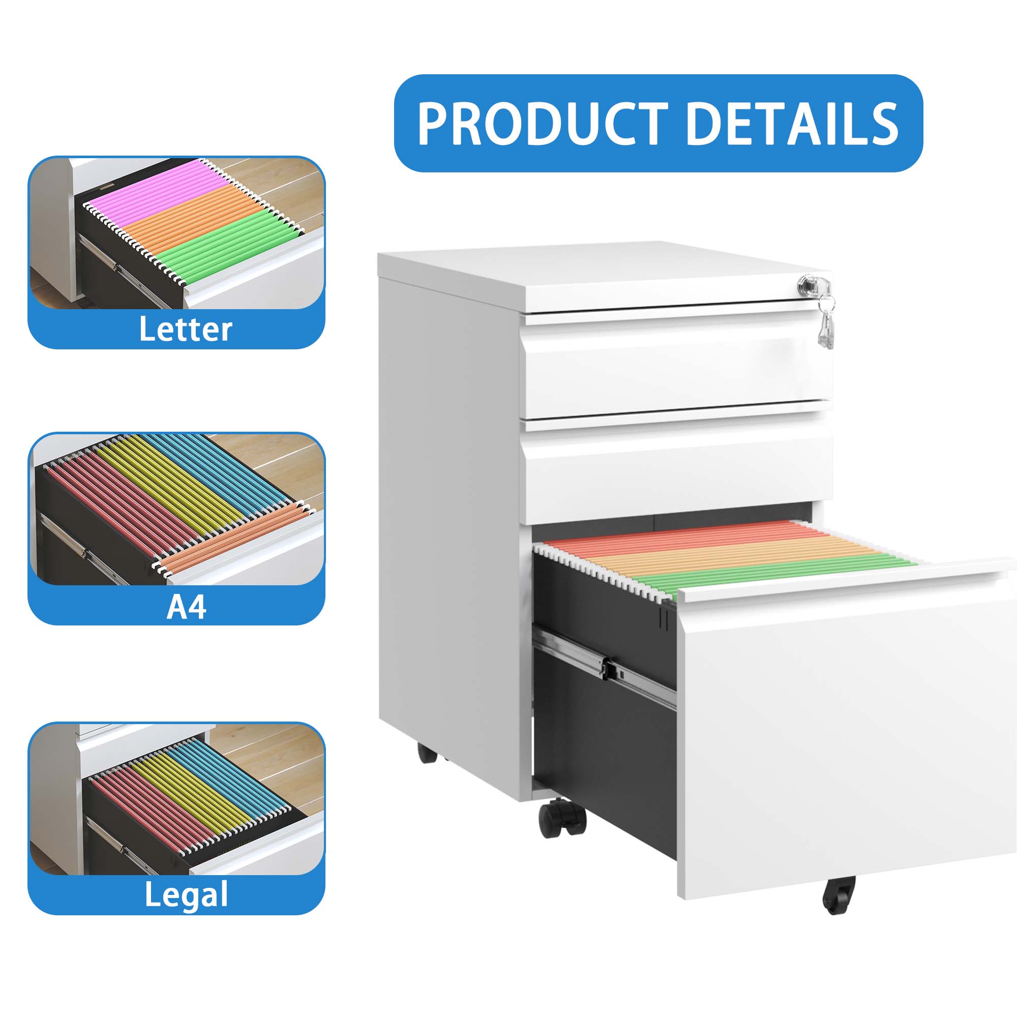 3 Drawer Mobile File Cabinet with Lock,Metal Filing Cabinets for Home Office Organizer Letters/Legal/A4,Fully Assembled,Black/White