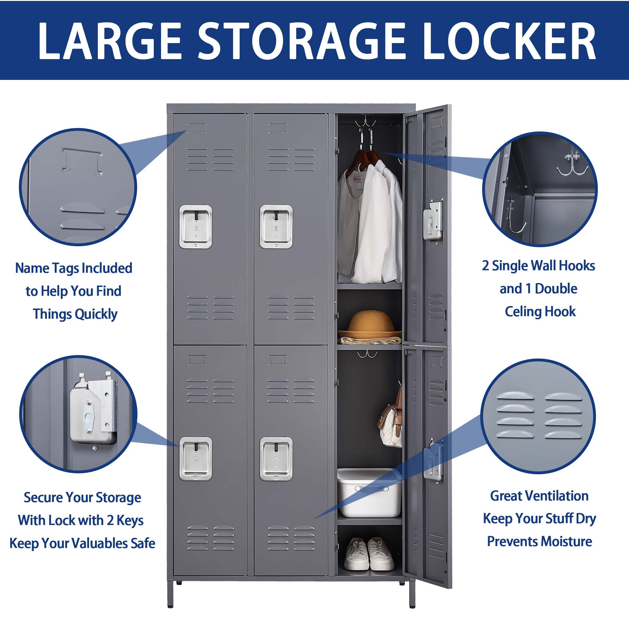 3/6 Door 72"H Metal Lockers With Lock for Employees,Storage Locker Cabinet for Home Gym Office School Garage,Gray