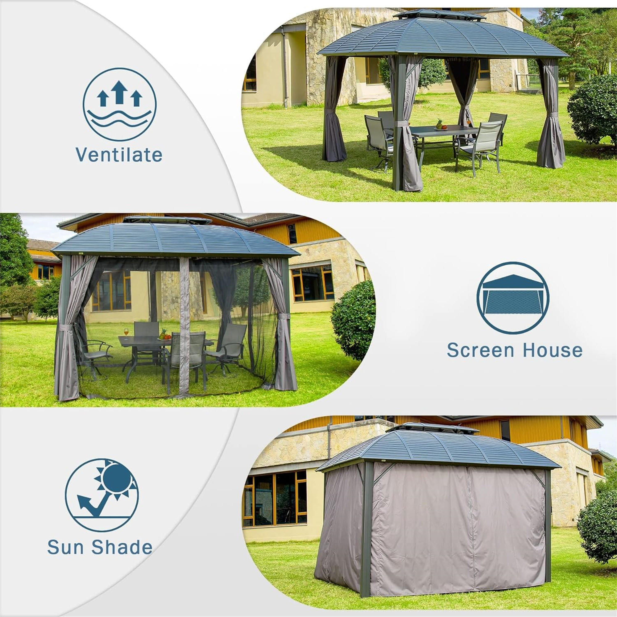 10' X 12' Patio Aluminum Frame Hardtop Gazebo Galvanized Steel Double Roof Curtain and Netting