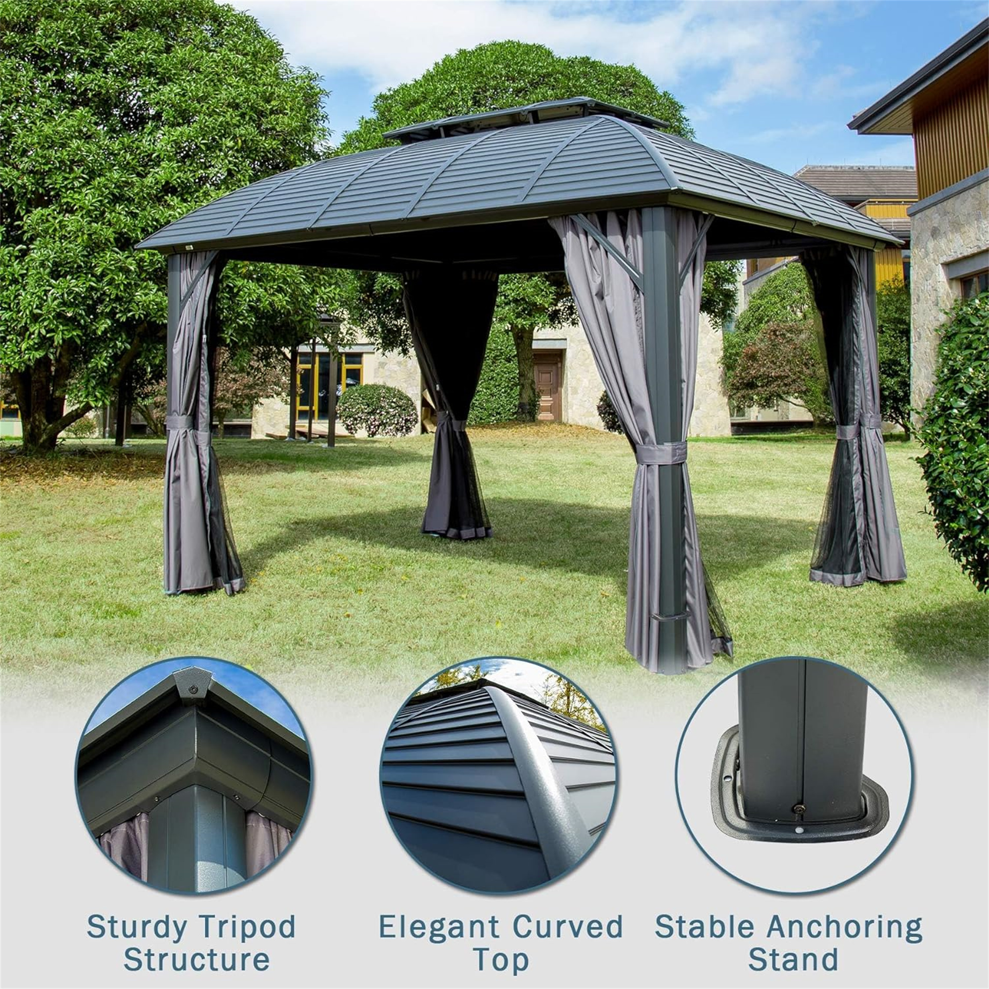 10' X 12' Patio Aluminum Frame Hardtop Gazebo Galvanized Steel Double Roof Curtain and Netting