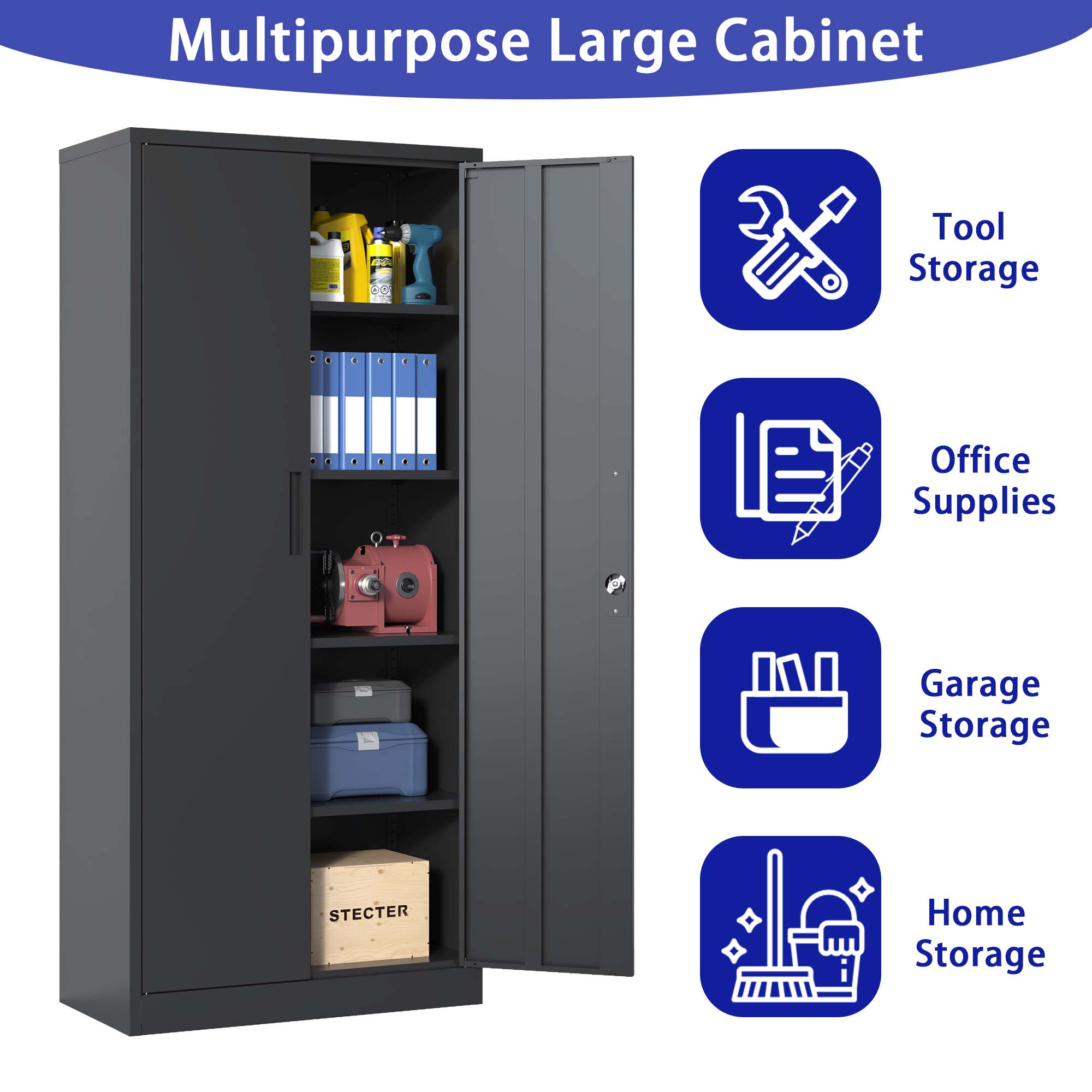 72"H Metal Garage Storage Cabinet, Black Tool Steel Locking Cabinet with Doors and 4 Shelves, Tall Cabinets for Garage Storage Systems Lockable File Cabinet for Home Office, Classroom/Pantry