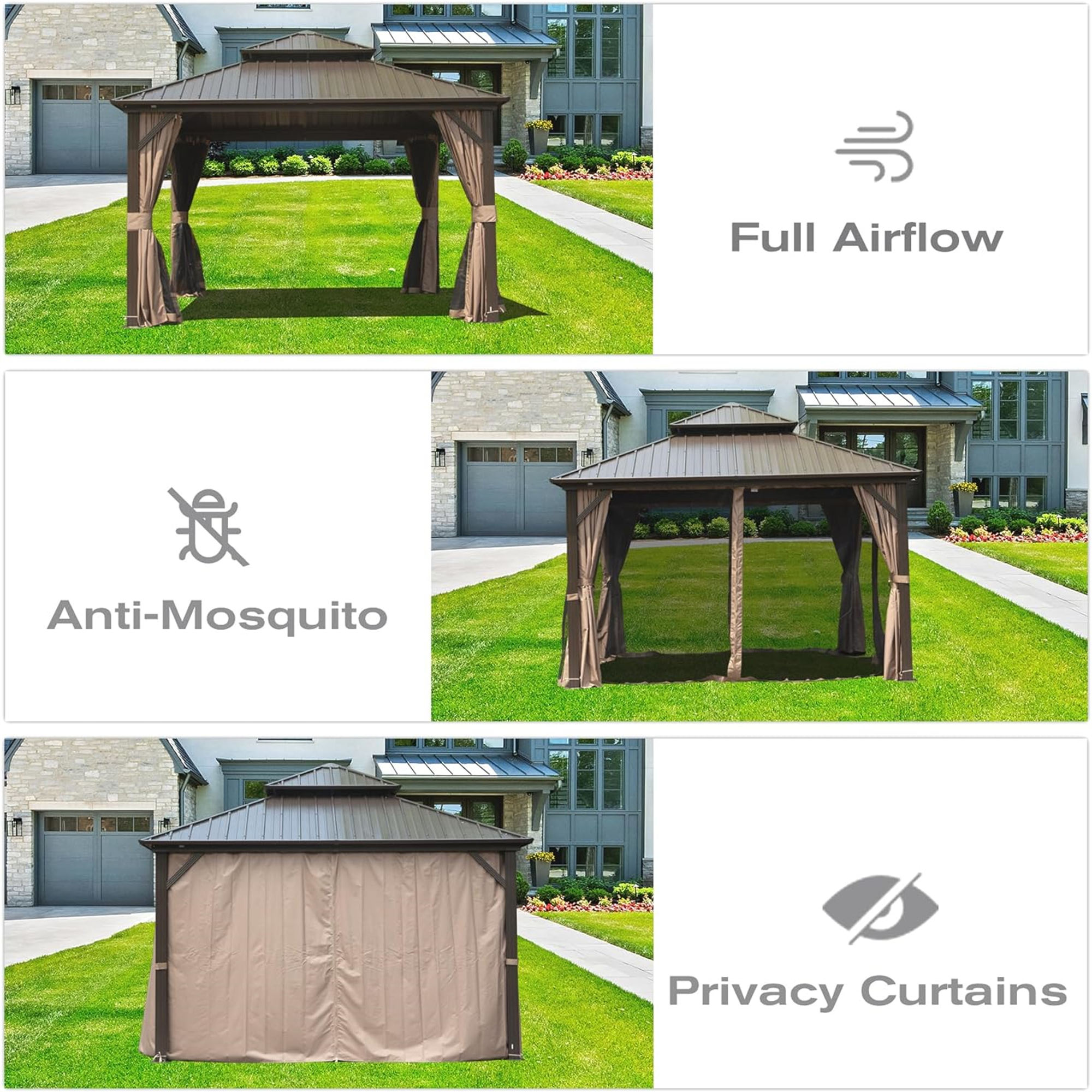 Outdoor 10' X 10' Hardtop Gazebo Aluminum Frame Permanent Galvanized Steel Double Roof Canopy with Curtain and Netting Parties, Wedding, Outdoor Dining