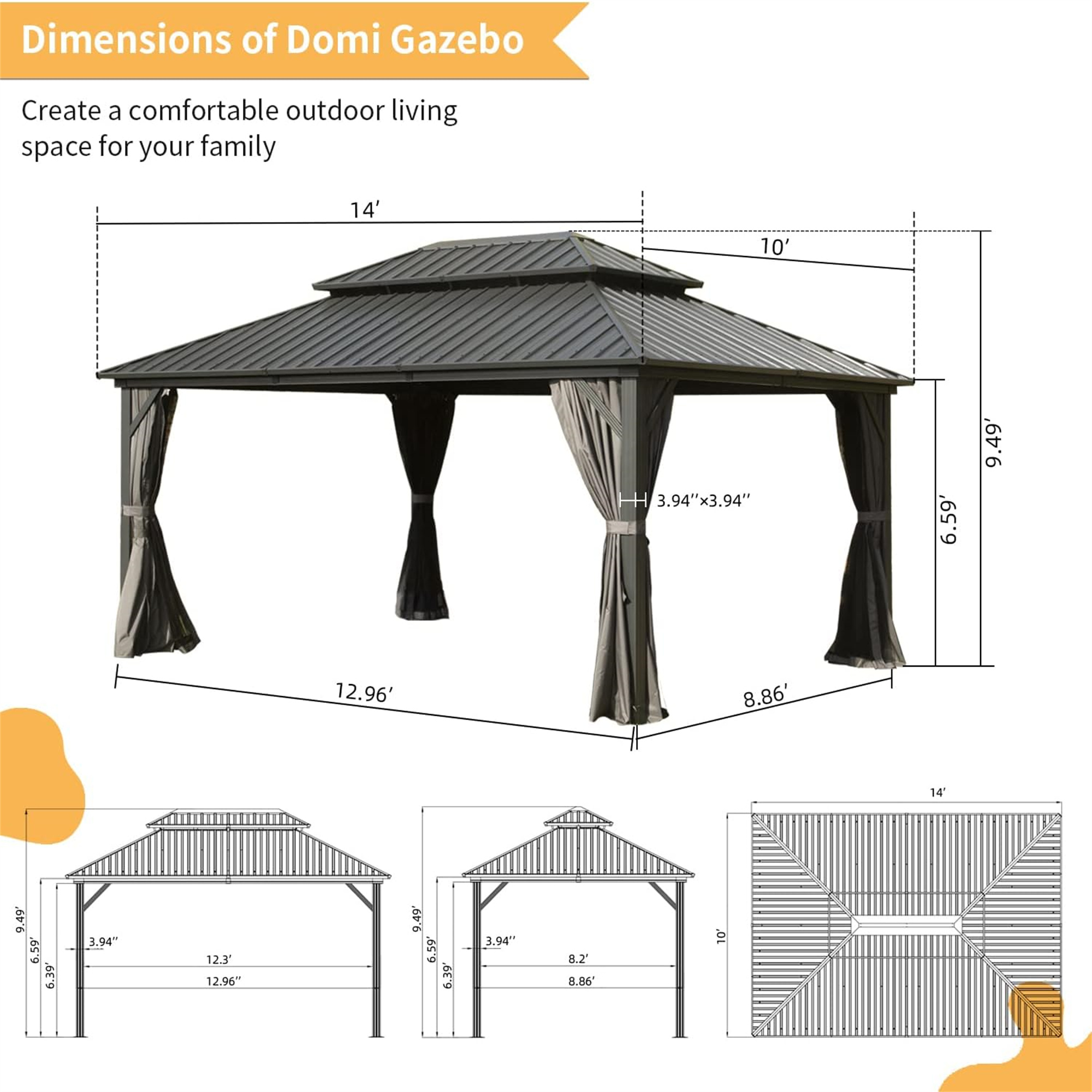 10' X 14' Outdoor Hardtop Gazebo, Aluminum Metal Galvanized Steel Double Roof Gazebo with Curtain and Netting for Party, Wedding, Outdoor Dining, Brown