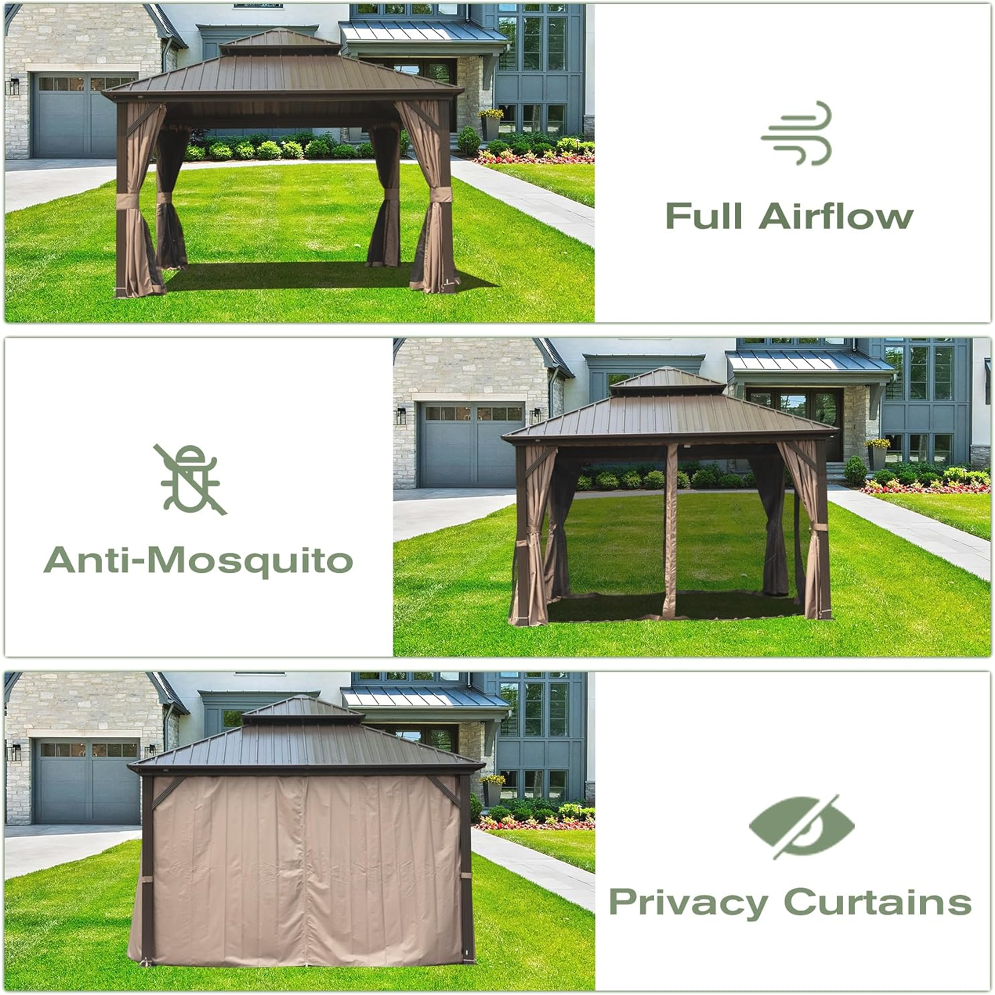Outdoor Hardtop Gazebo Aluminum Frame Permanent Galvanized Steel Double Roof Canopy with Curtain and Netting Parties, Wedding, Outdoor Dining