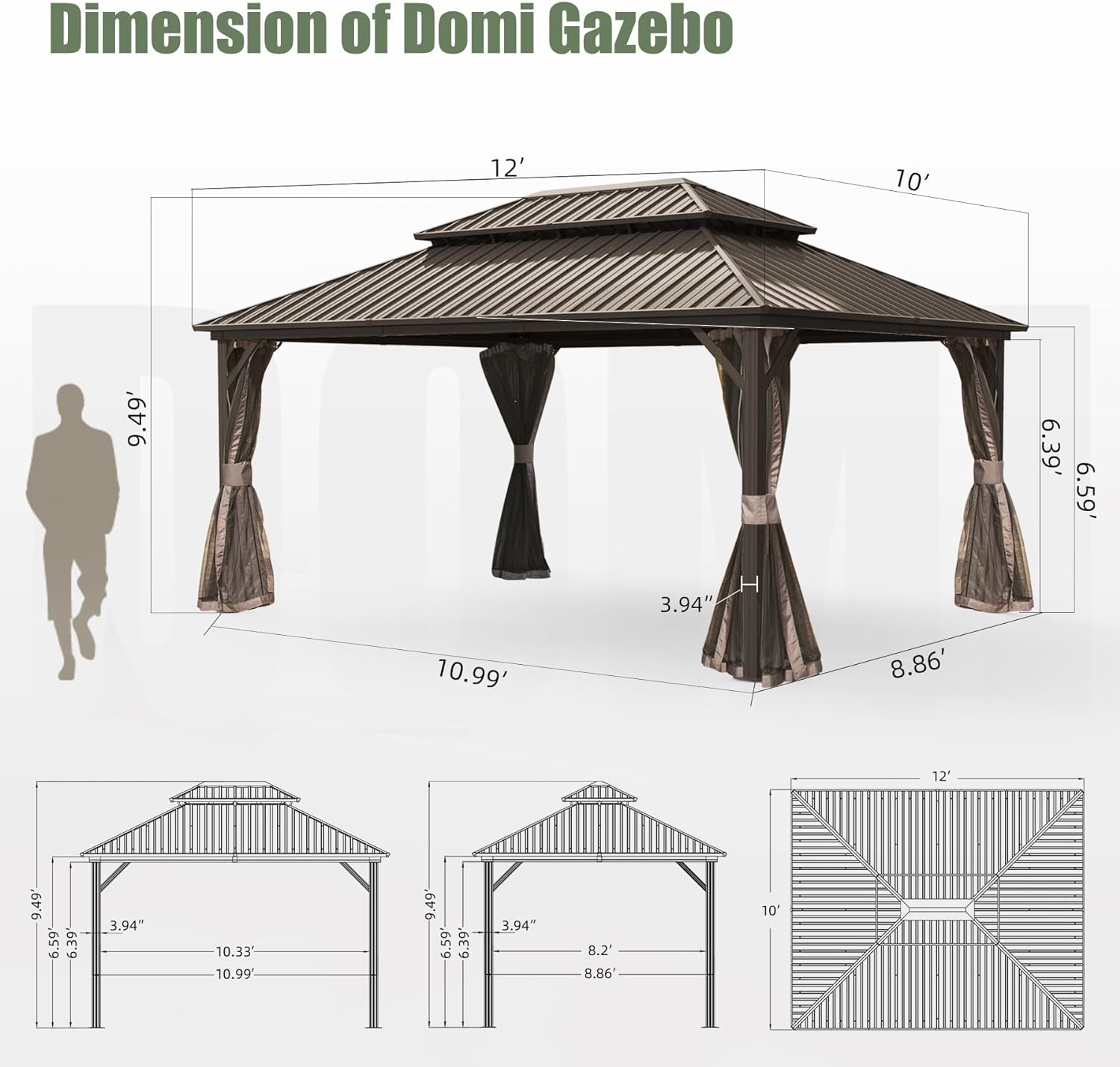 Outdoor Hardtop Gazebo Aluminum Frame Permanent Galvanized Steel Double Roof Canopy with Curtain and Netting Parties, Wedding, Outdoor Dining