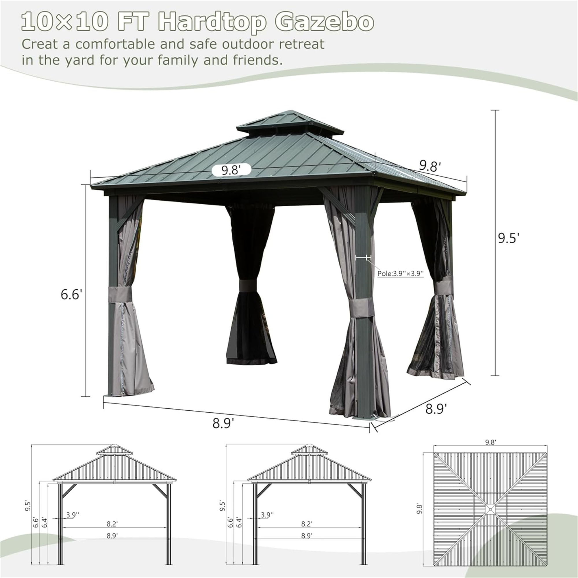 Outdoor 10' X 10' Hardtop Gazebo Aluminum Frame Permanent Galvanized Steel Double Roof Canopy with Curtain and Netting Parties, Wedding, Outdoor Dining