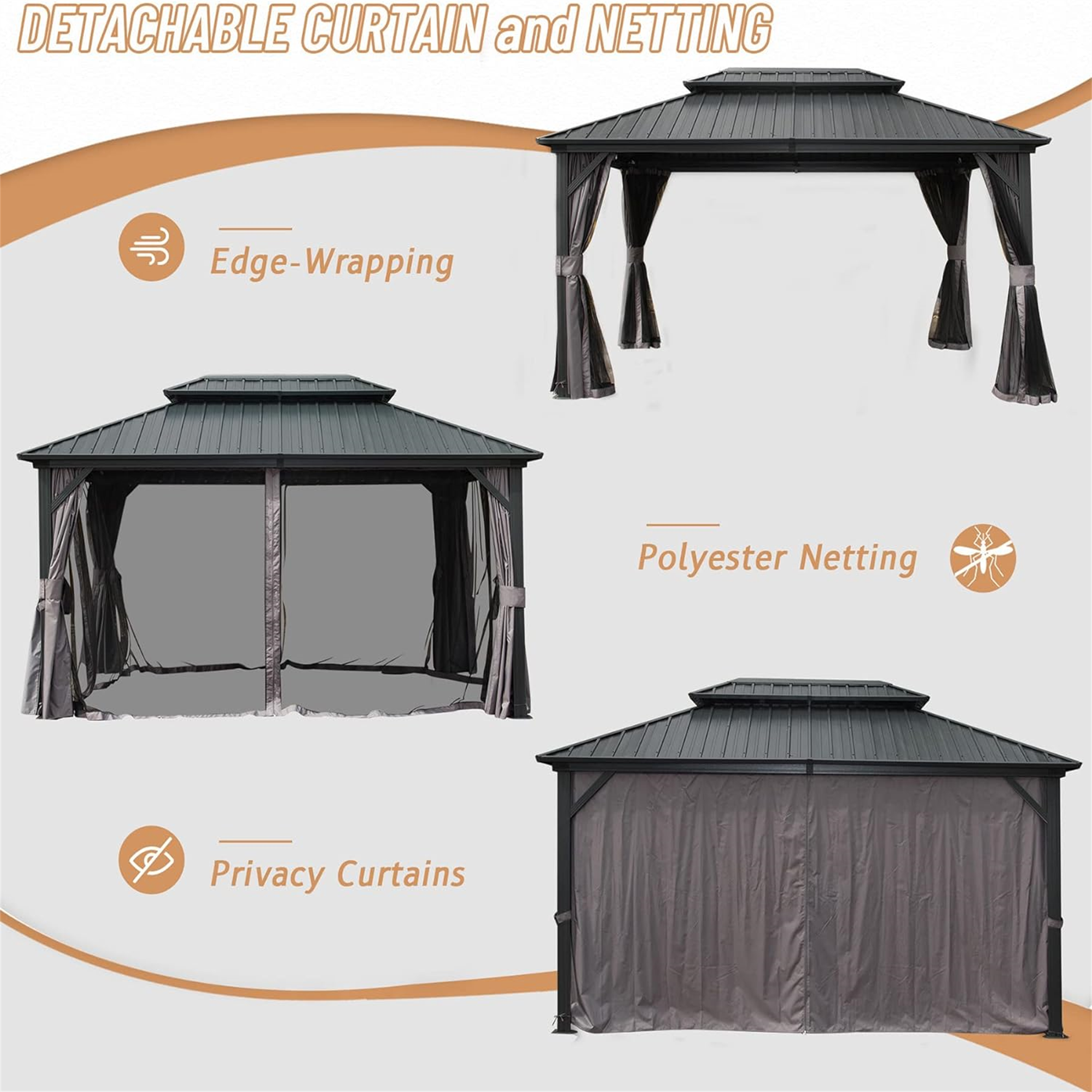 Outdoor Hardtop Gazebo Aluminum Frame Permanent Galvanized Steel Double Roof Canopy with Curtain and Netting Parties, Wedding, Outdoor Dining